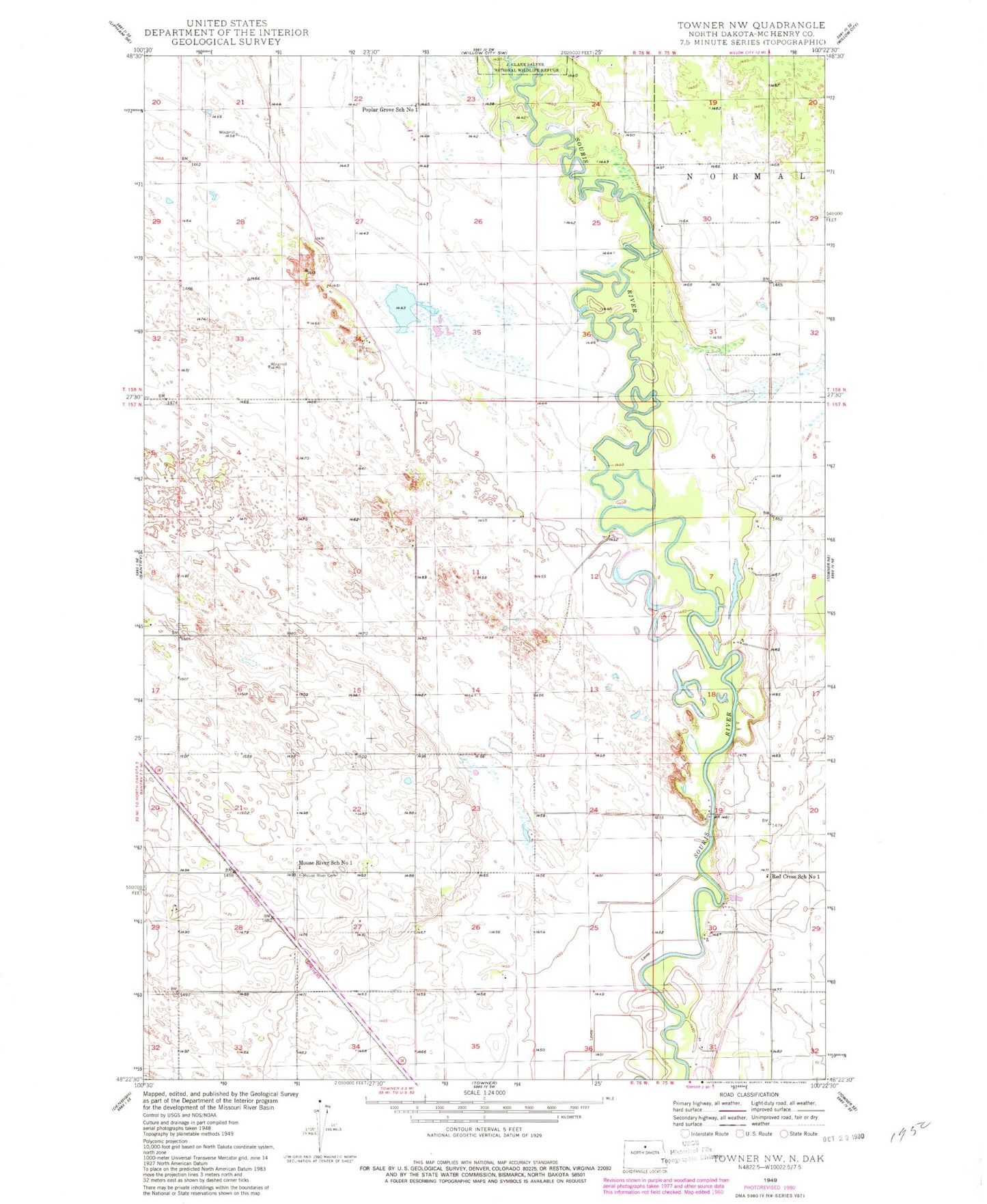Classic USGS Towner NW North Dakota 7.5'x7.5' Topo Map Image
