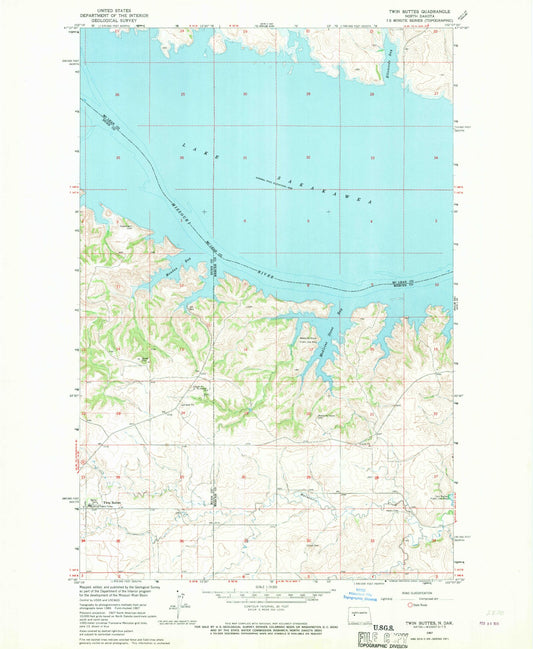Classic USGS Twin Buttes North Dakota 7.5'x7.5' Topo Map Image
