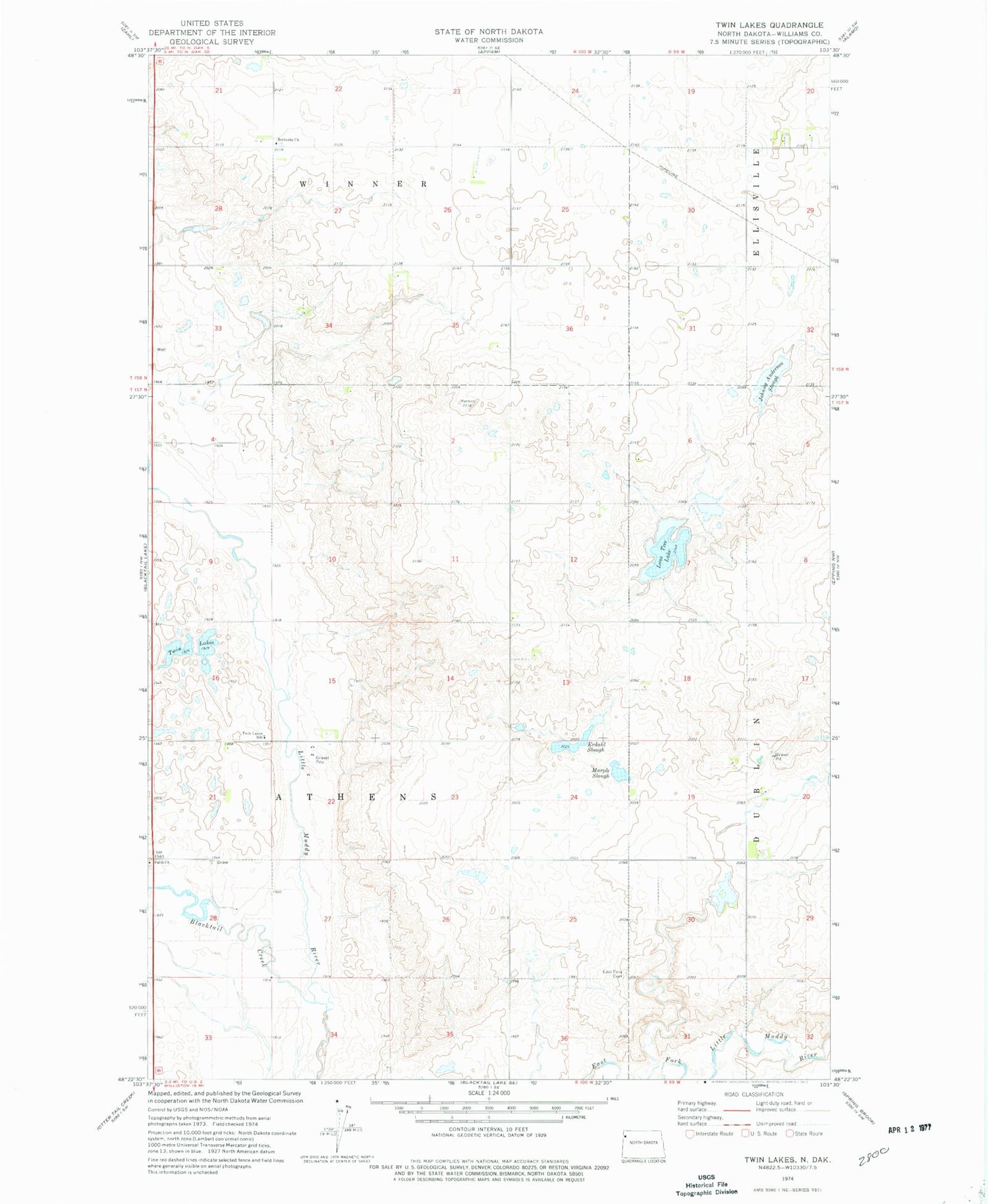 Classic USGS Twin Lakes North Dakota 7.5'x7.5' Topo Map Image