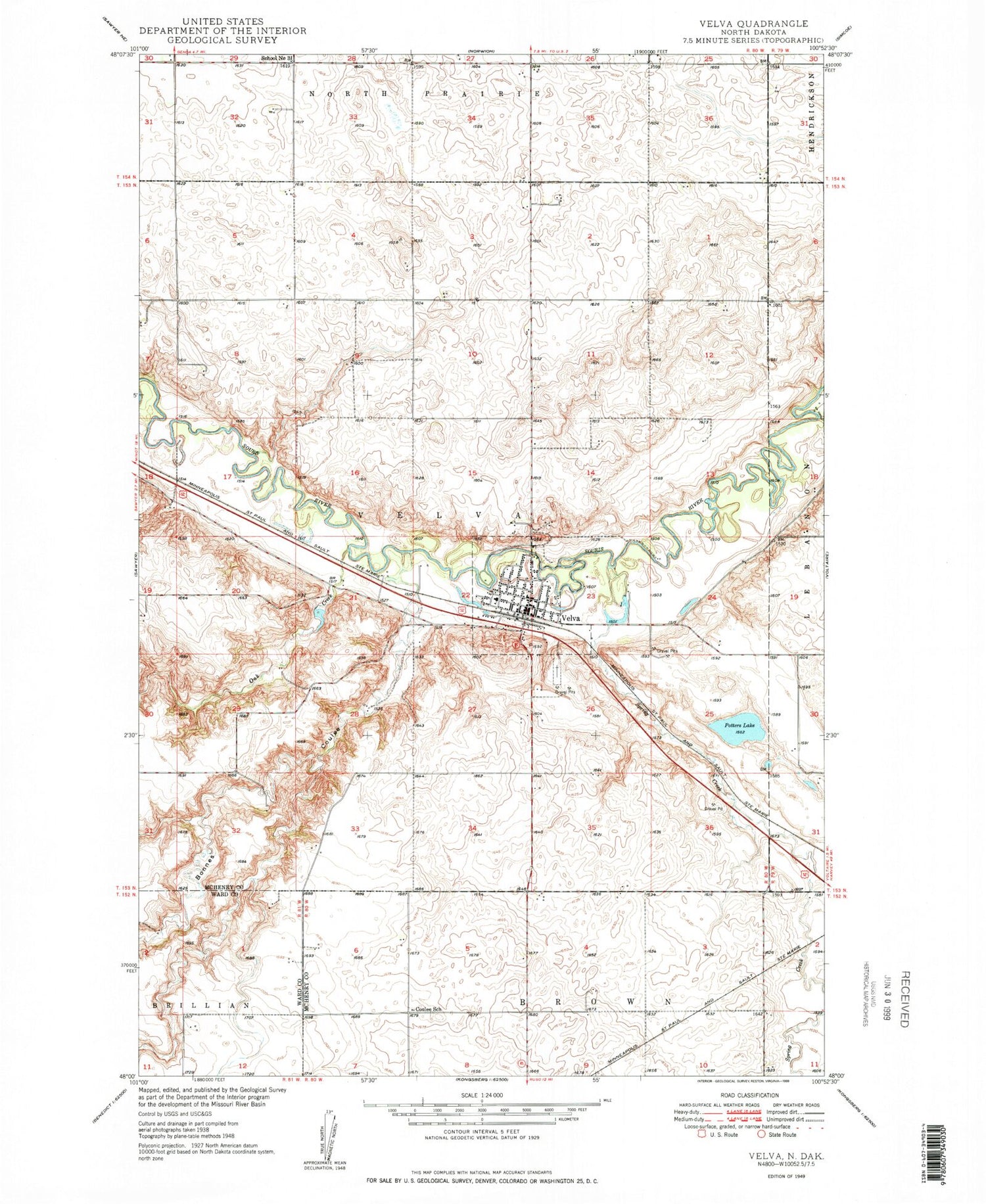 Classic USGS Velva North Dakota 7.5'x7.5' Topo Map Image