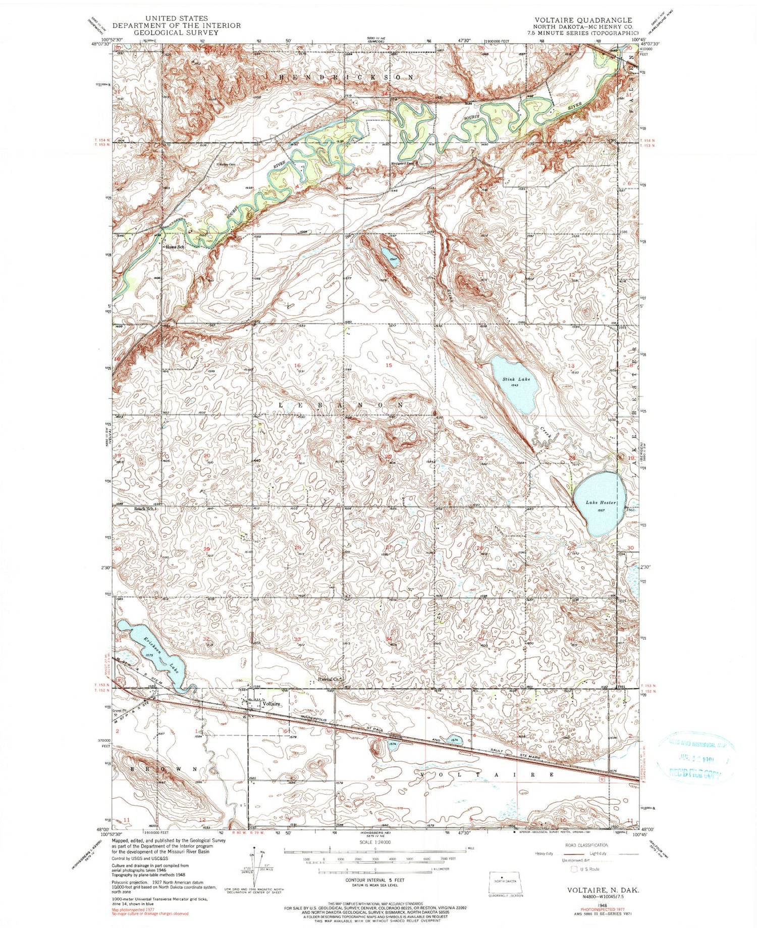 Classic USGS Voltaire North Dakota 7.5'x7.5' Topo Map Image