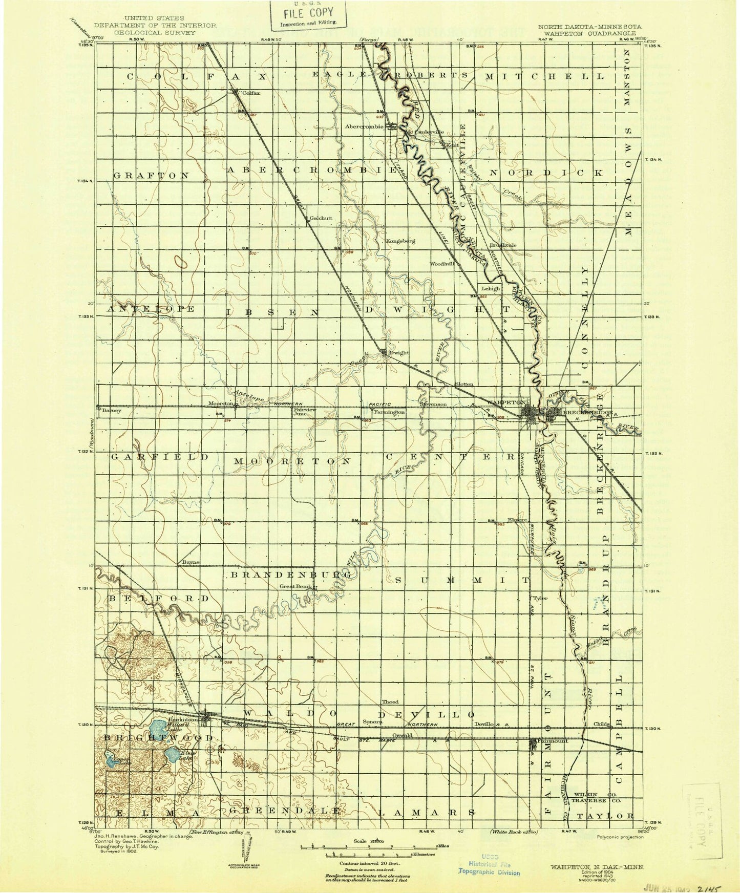 Historic 1904 Wahpeton North Dakota 30'x30' Topo Map Image