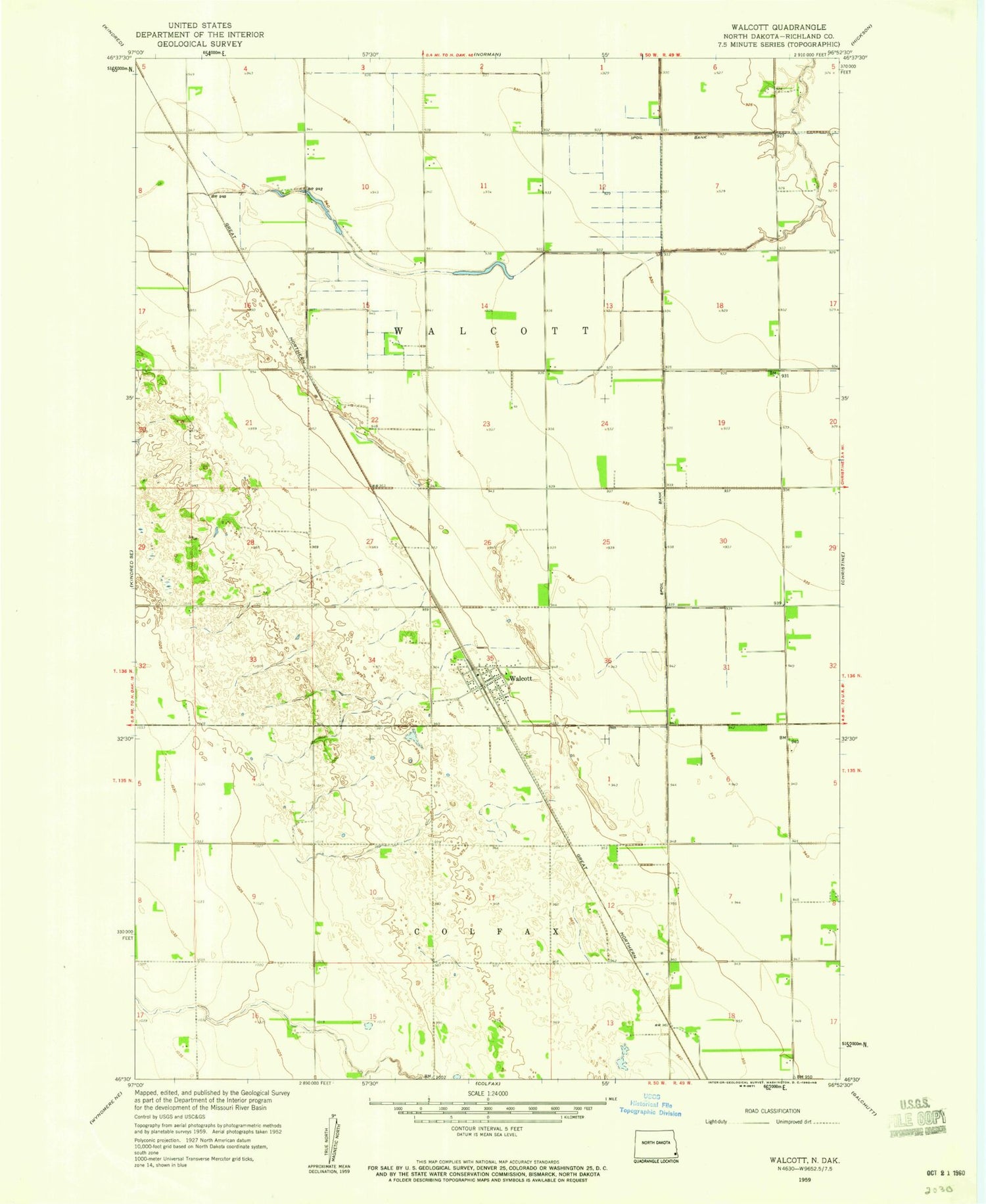 Classic USGS Walcott North Dakota 7.5'x7.5' Topo Map Image