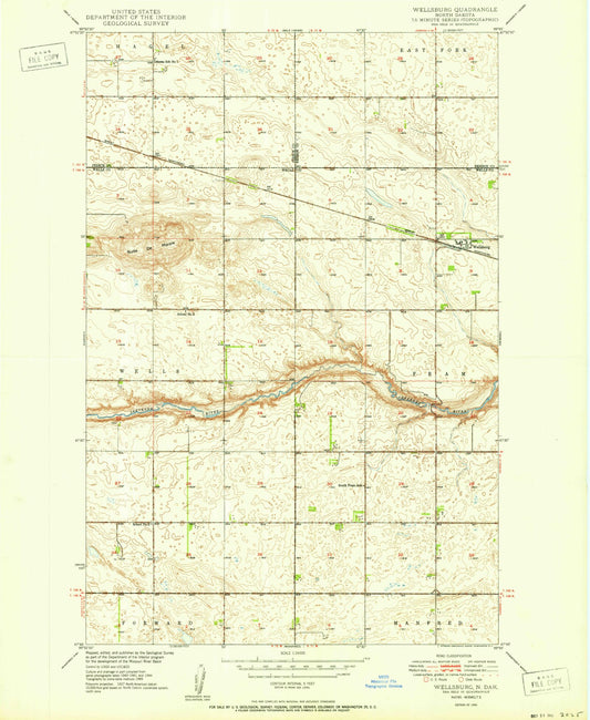 Classic USGS Wellsburg North Dakota 7.5'x7.5' Topo Map Image