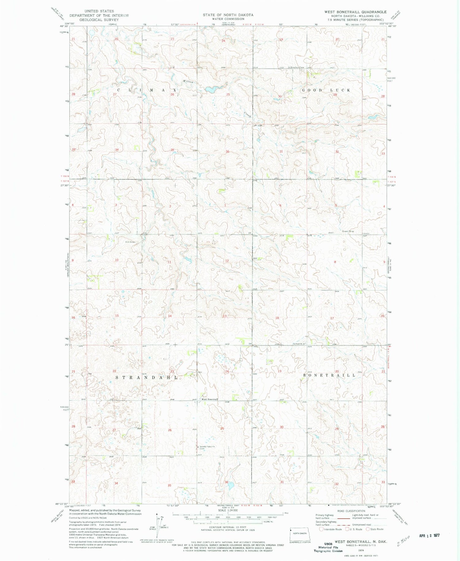 Classic USGS West Bonetraill North Dakota 7.5'x7.5' Topo Map Image