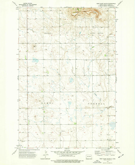 Classic USGS West Rainy Butte North Dakota 7.5'x7.5' Topo Map Image