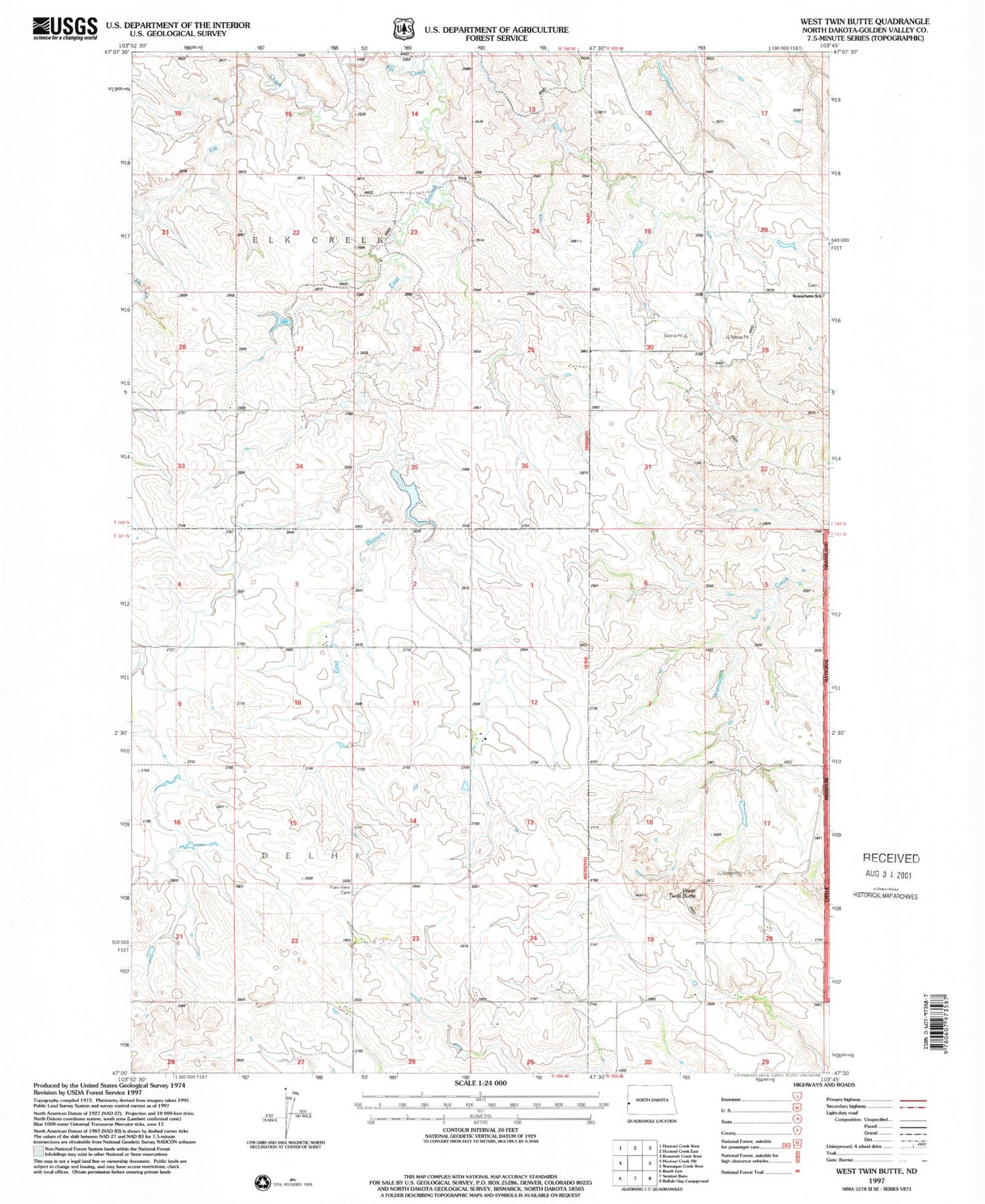 Classic USGS West Twin Butte North Dakota 7.5'x7.5' Topo Map Image