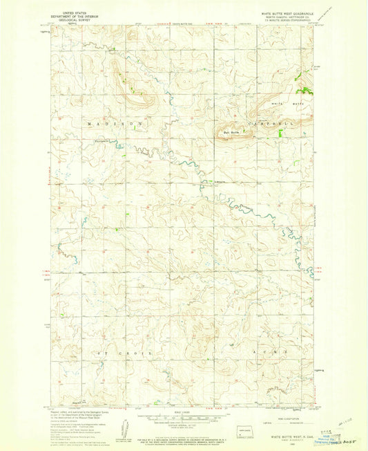 Classic USGS White Butte West North Dakota 7.5'x7.5' Topo Map Image