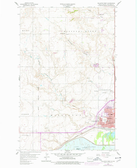 Classic USGS Williston West North Dakota 7.5'x7.5' Topo Map Image