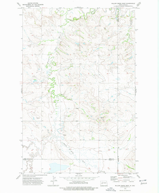 Classic USGS Willow Creek West North Dakota 7.5'x7.5' Topo Map Image