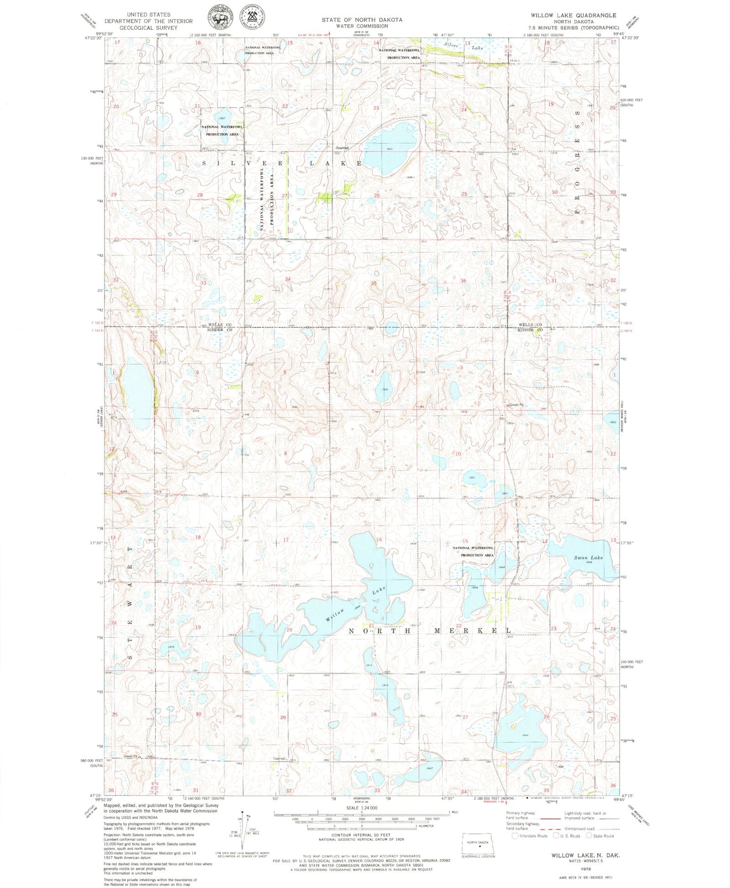 Classic USGS Willow Lake North Dakota 7.5'x7.5' Topo Map Image