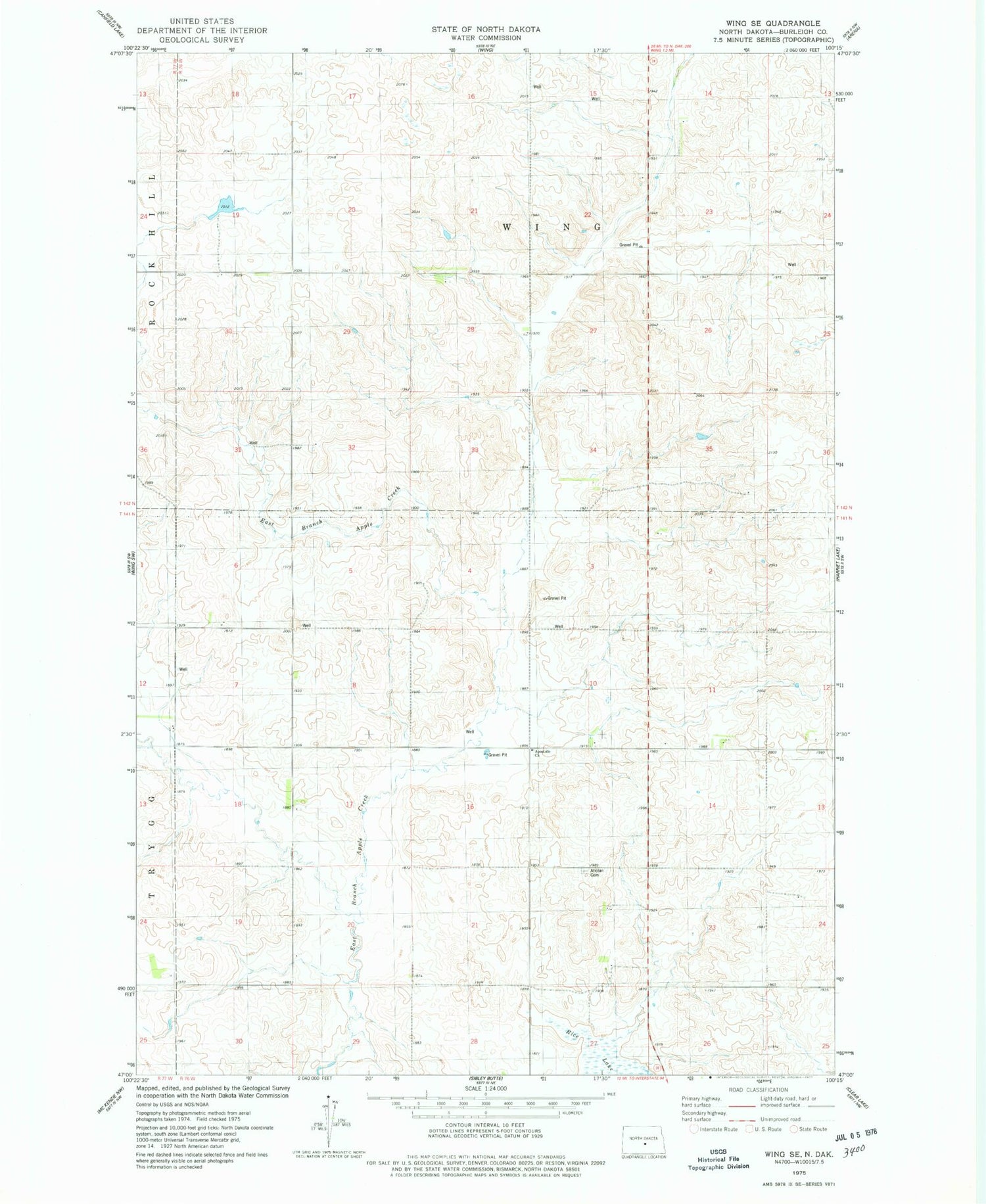 Classic USGS Wing SE North Dakota 7.5'x7.5' Topo Map Image