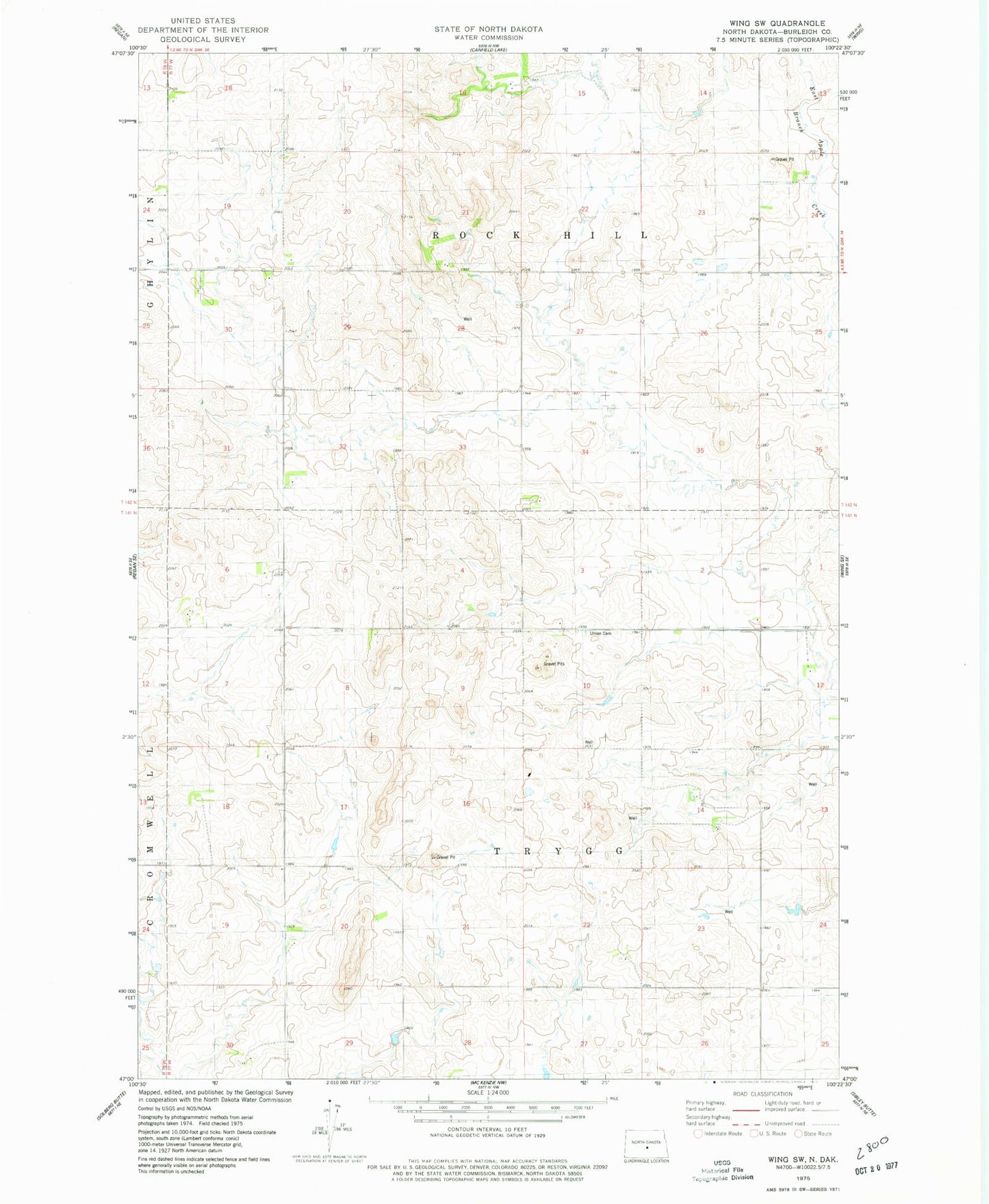 Classic USGS Wing SW North Dakota 7.5'x7.5' Topo Map Image