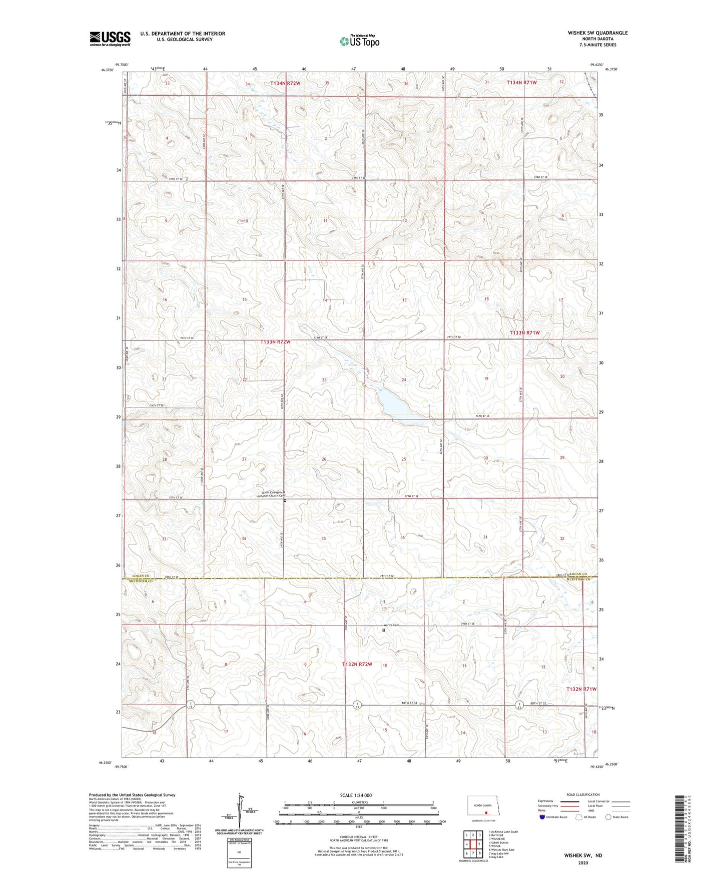 Wishek SW North Dakota US Topo Map Image