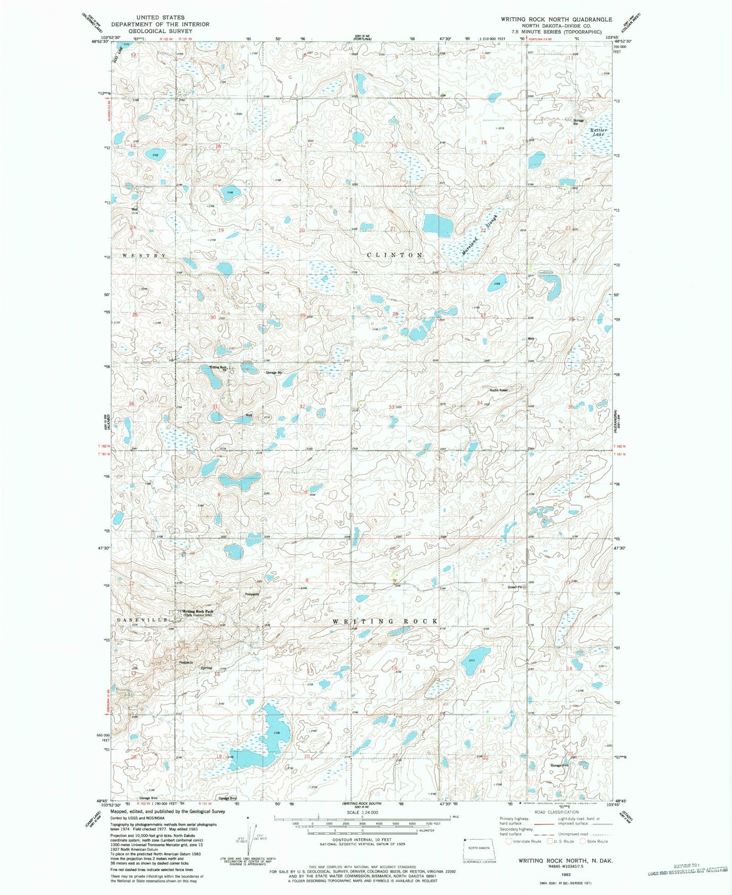 Classic USGS Writing Rock North North Dakota 7.5'x7.5' Topo Map Image