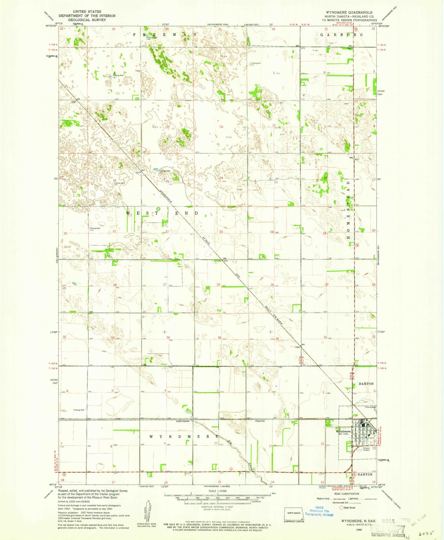 Classic USGS Wyndmere North Dakota 7.5'x7.5' Topo Map Image