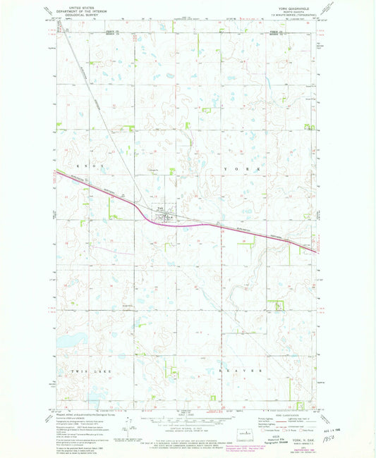 Classic USGS York North Dakota 7.5'x7.5' Topo Map Image