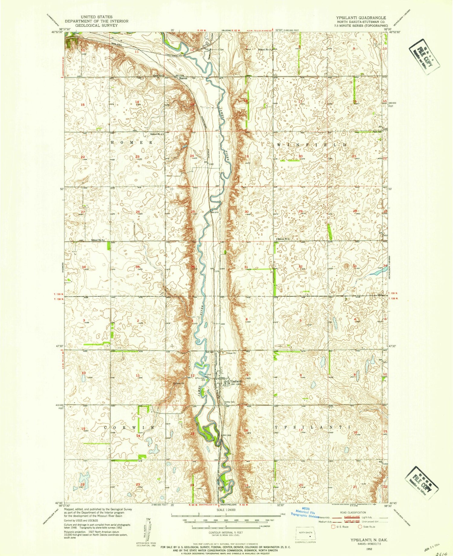 Classic USGS Ypsilanti North Dakota 7.5'x7.5' Topo Map Image