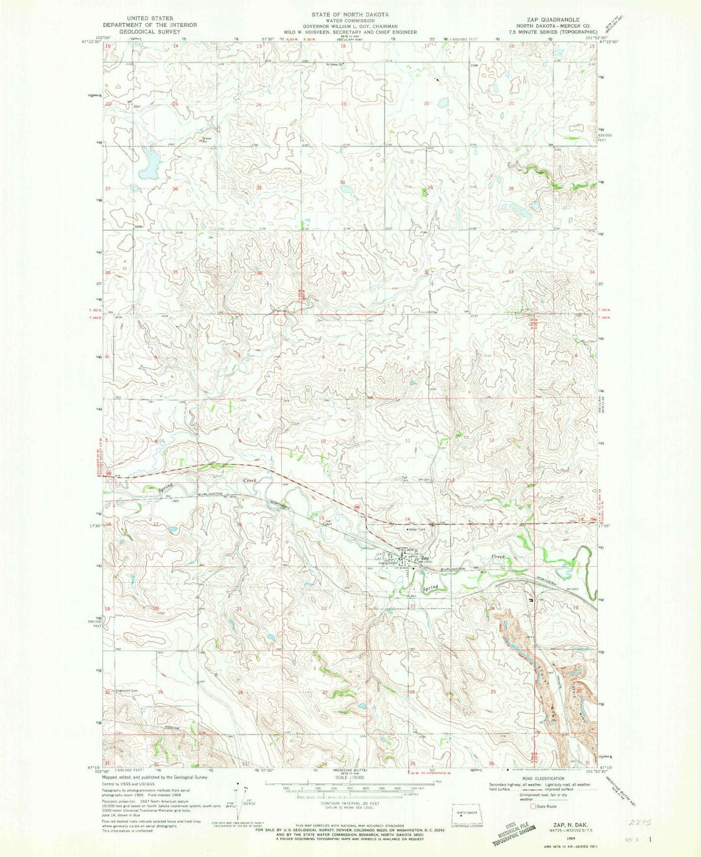 Classic USGS Zap North Dakota 7.5'x7.5' Topo Map Image