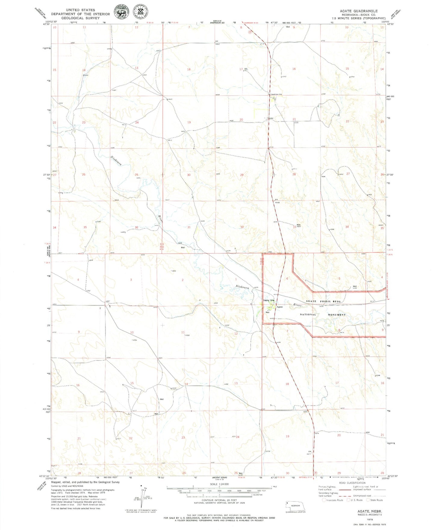 Classic USGS Agate Nebraska 7.5'x7.5' Topo Map Image