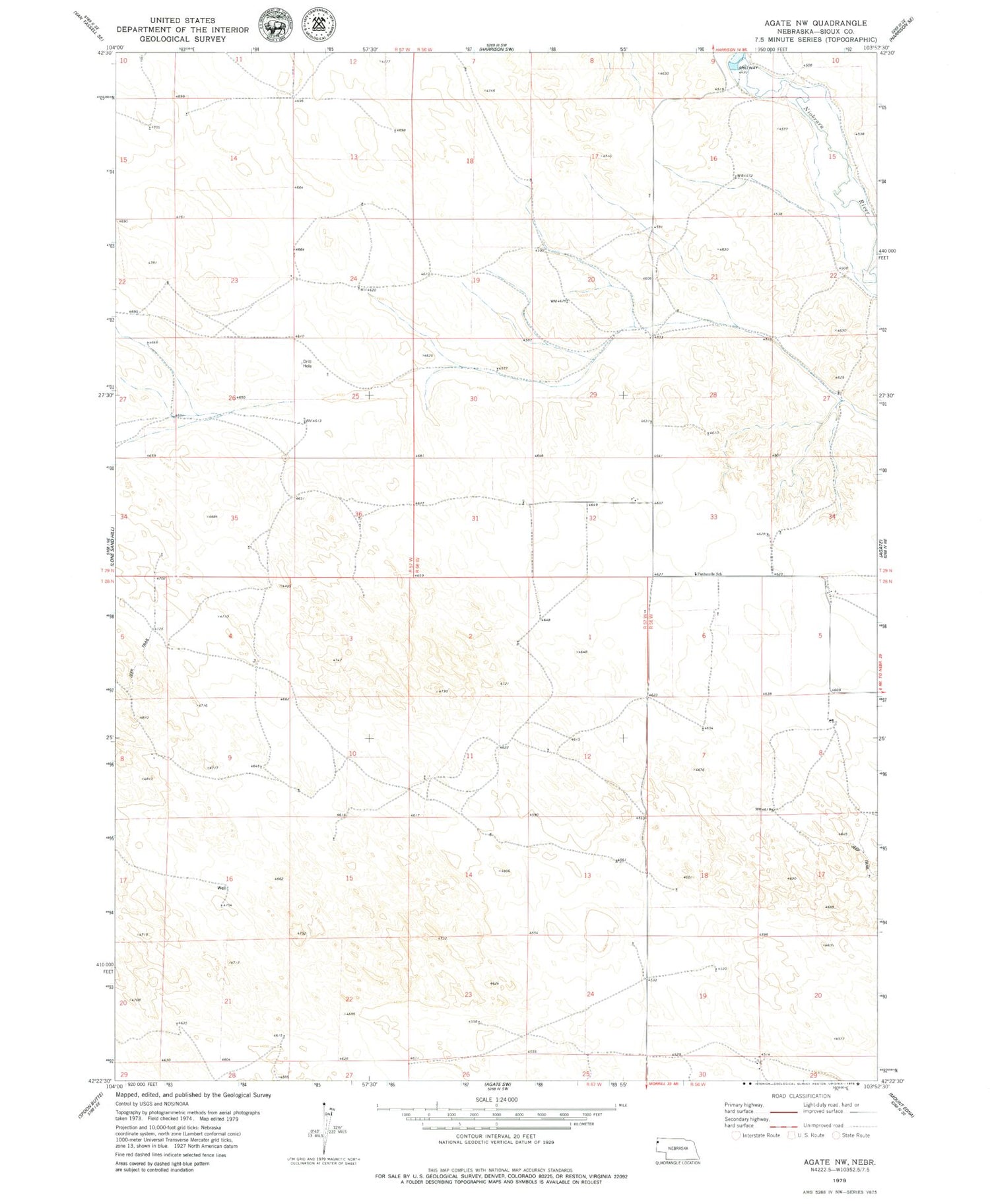 Classic USGS Agate NW Nebraska 7.5'x7.5' Topo Map Image