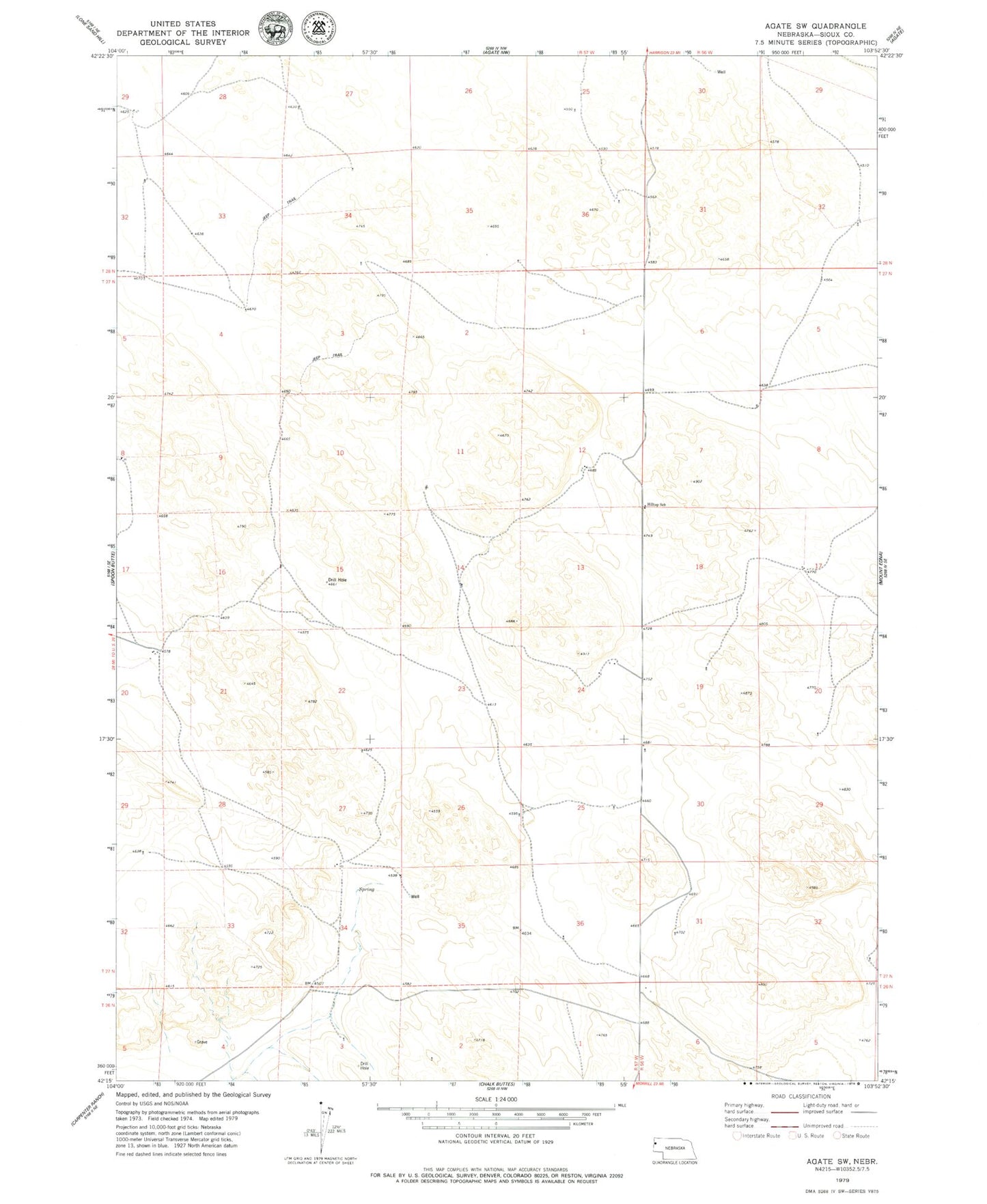 Classic USGS Agate SW Nebraska 7.5'x7.5' Topo Map Image