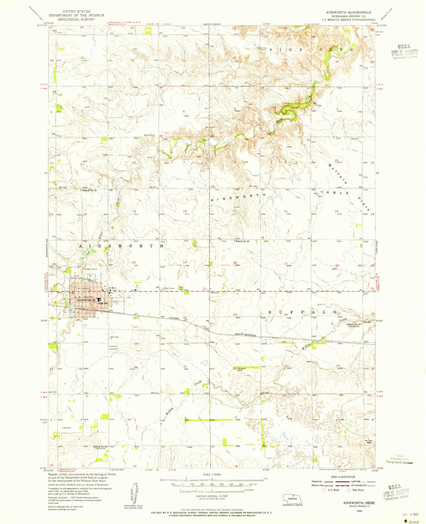 Classic USGS Ainsworth Nebraska 7.5'x7.5' Topo Map Image