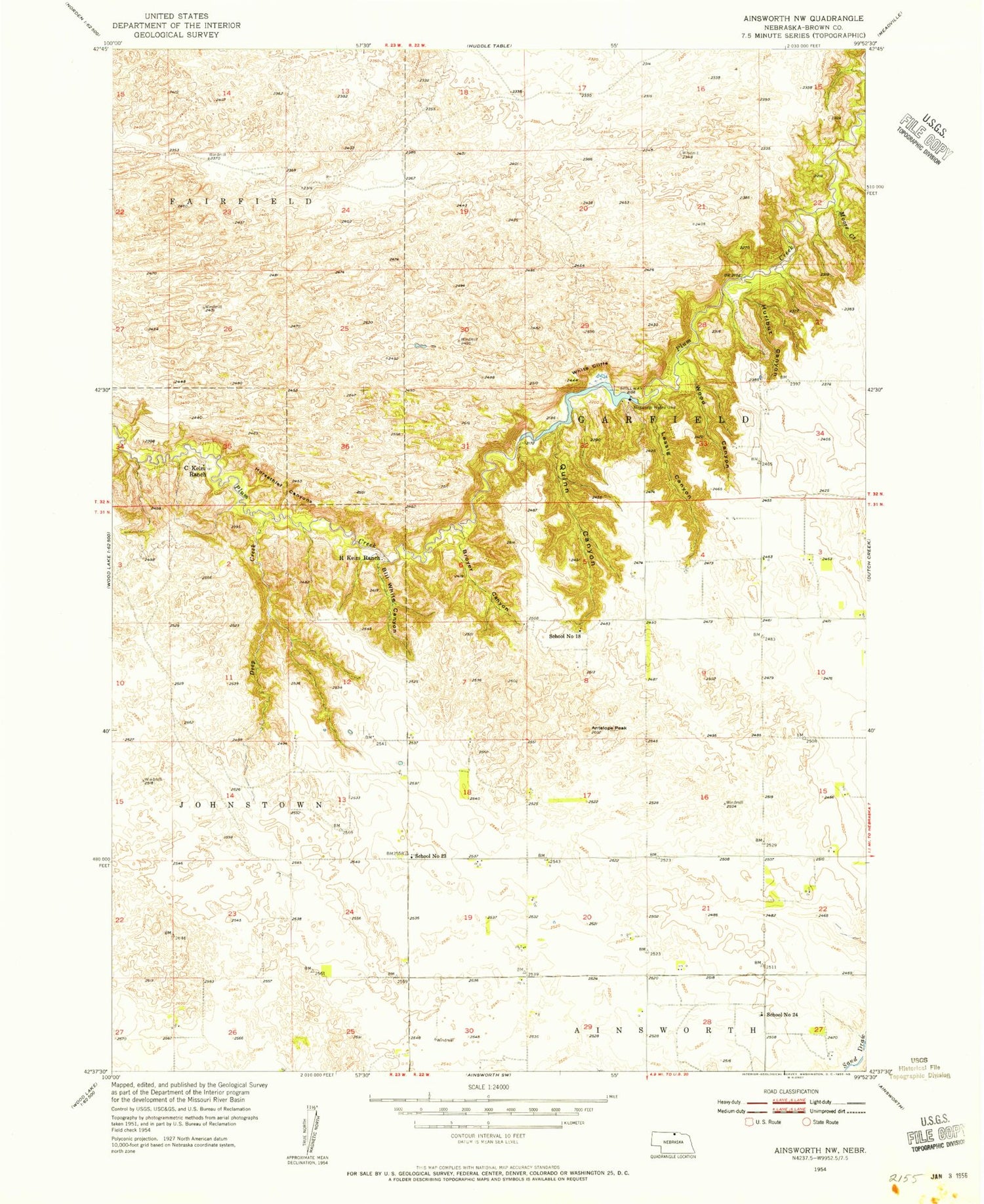 Classic USGS Ainsworth NW Nebraska 7.5'x7.5' Topo Map Image
