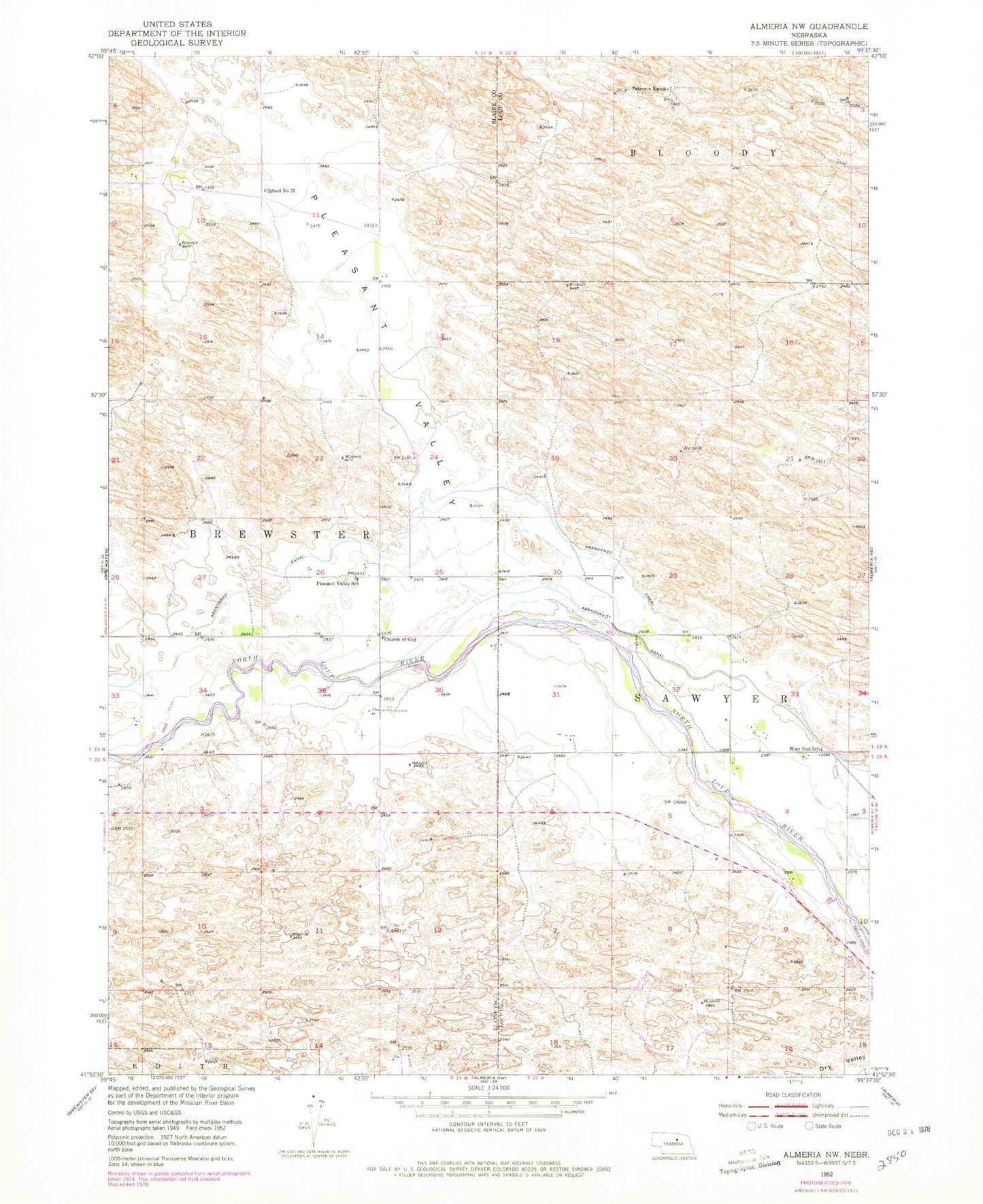 Classic USGS Almeria NW Nebraska 7.5'x7.5' Topo Map Image