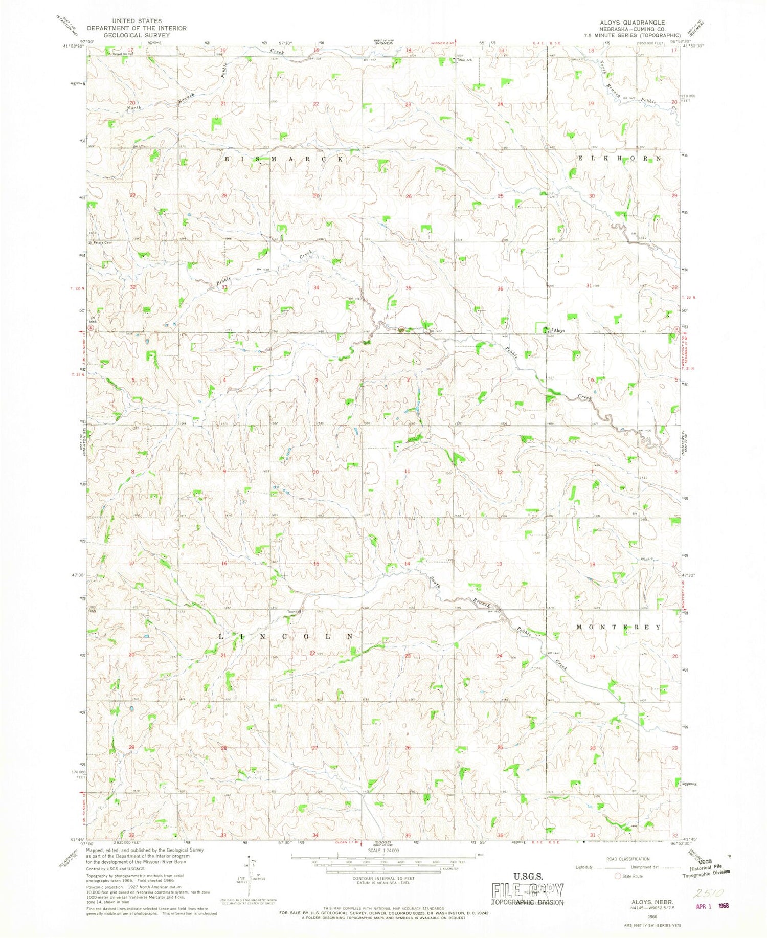 Classic USGS Aloys Nebraska 7.5'x7.5' Topo Map Image