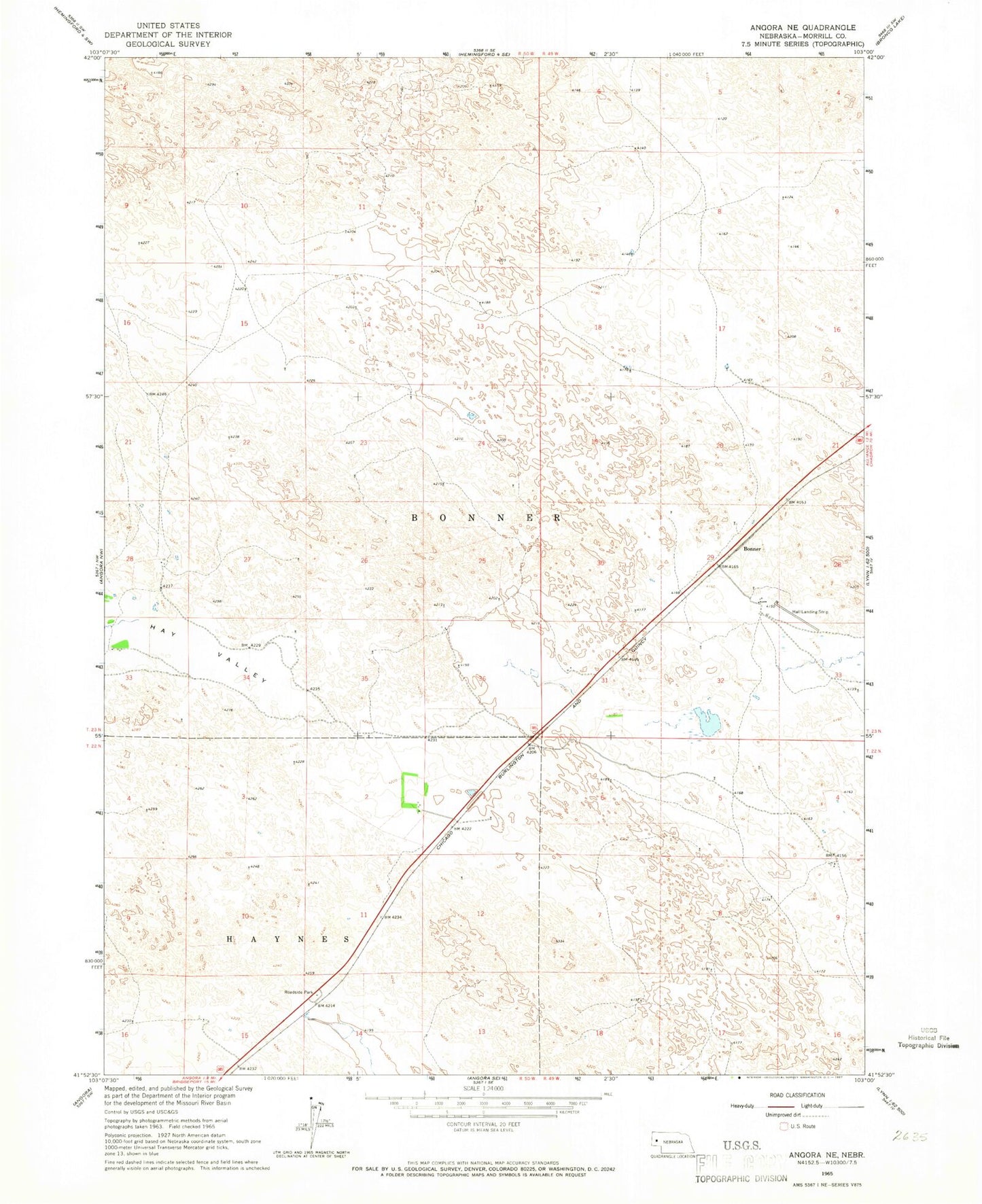 Classic USGS Angora NE Nebraska 7.5'x7.5' Topo Map Image