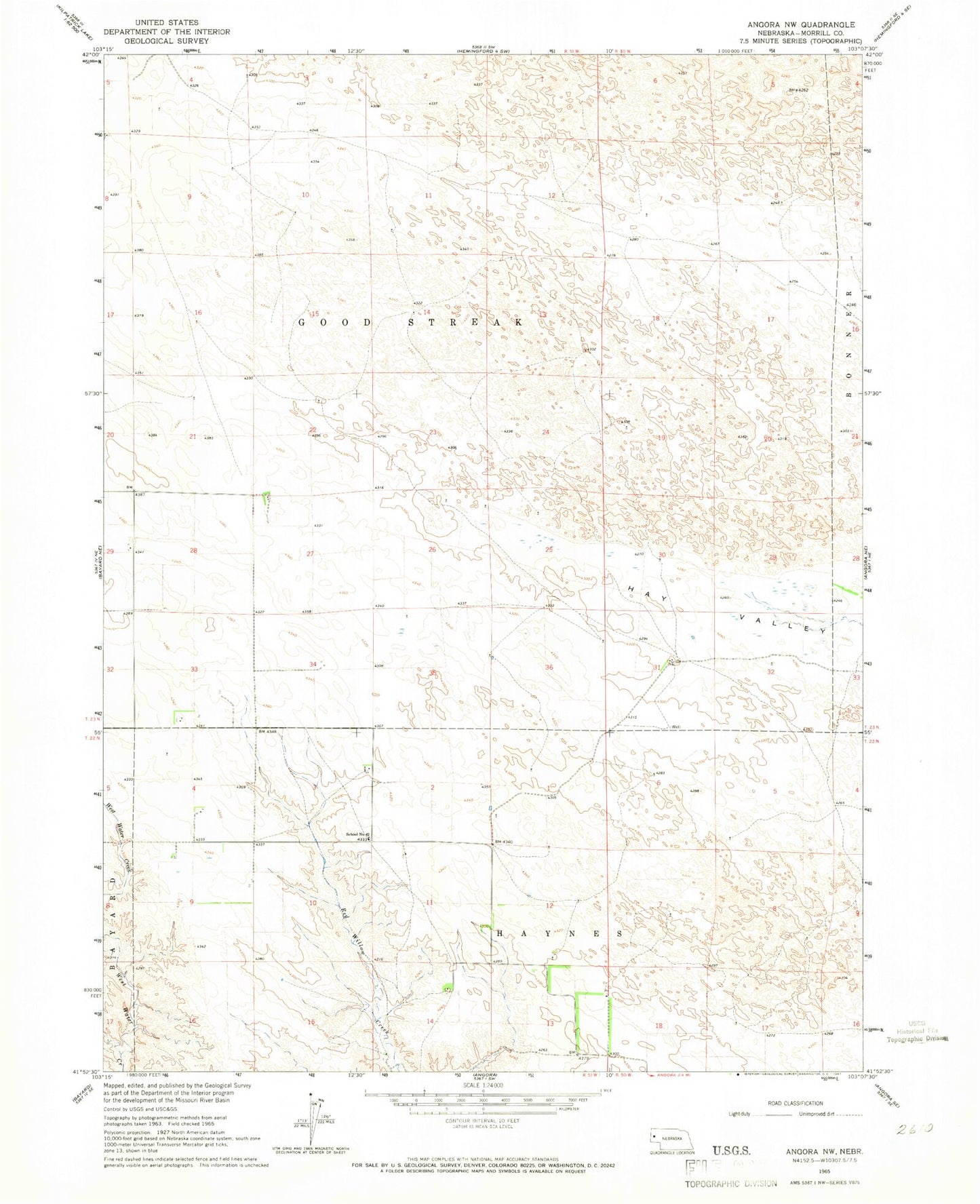 Classic USGS Angora NW Nebraska 7.5'x7.5' Topo Map Image