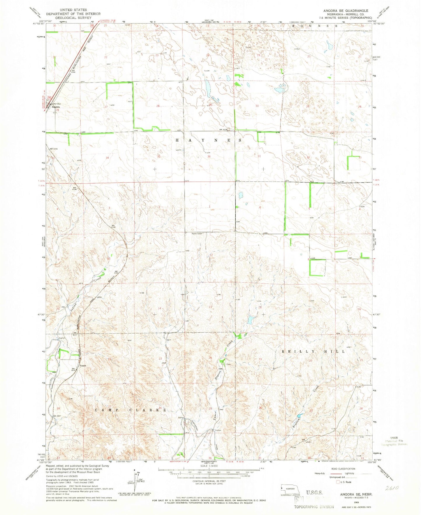 Classic USGS Angora SE Nebraska 7.5'x7.5' Topo Map Image