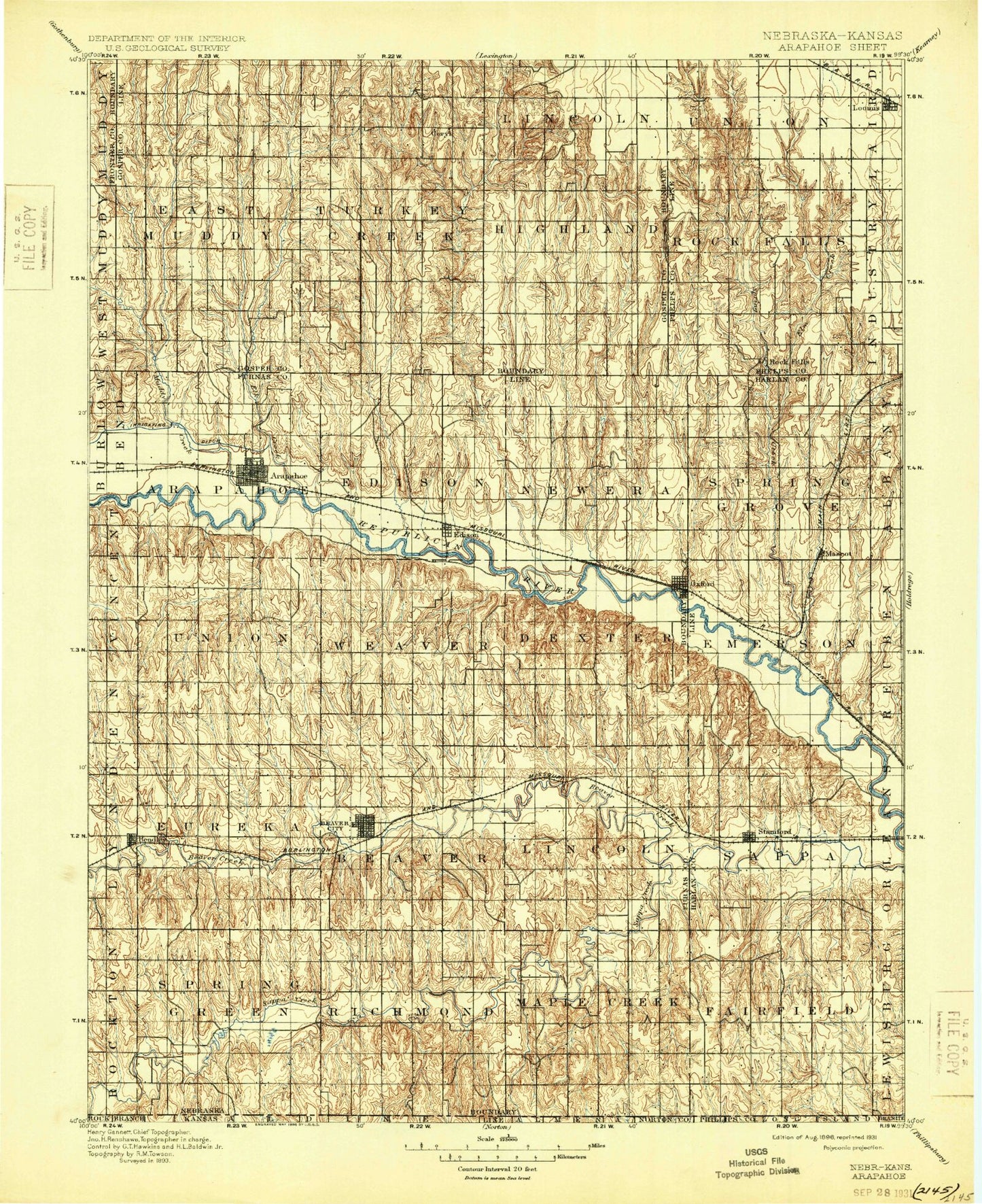 Historic 1898 Arapahoe Nebraska 30'x30' Topo Map Image
