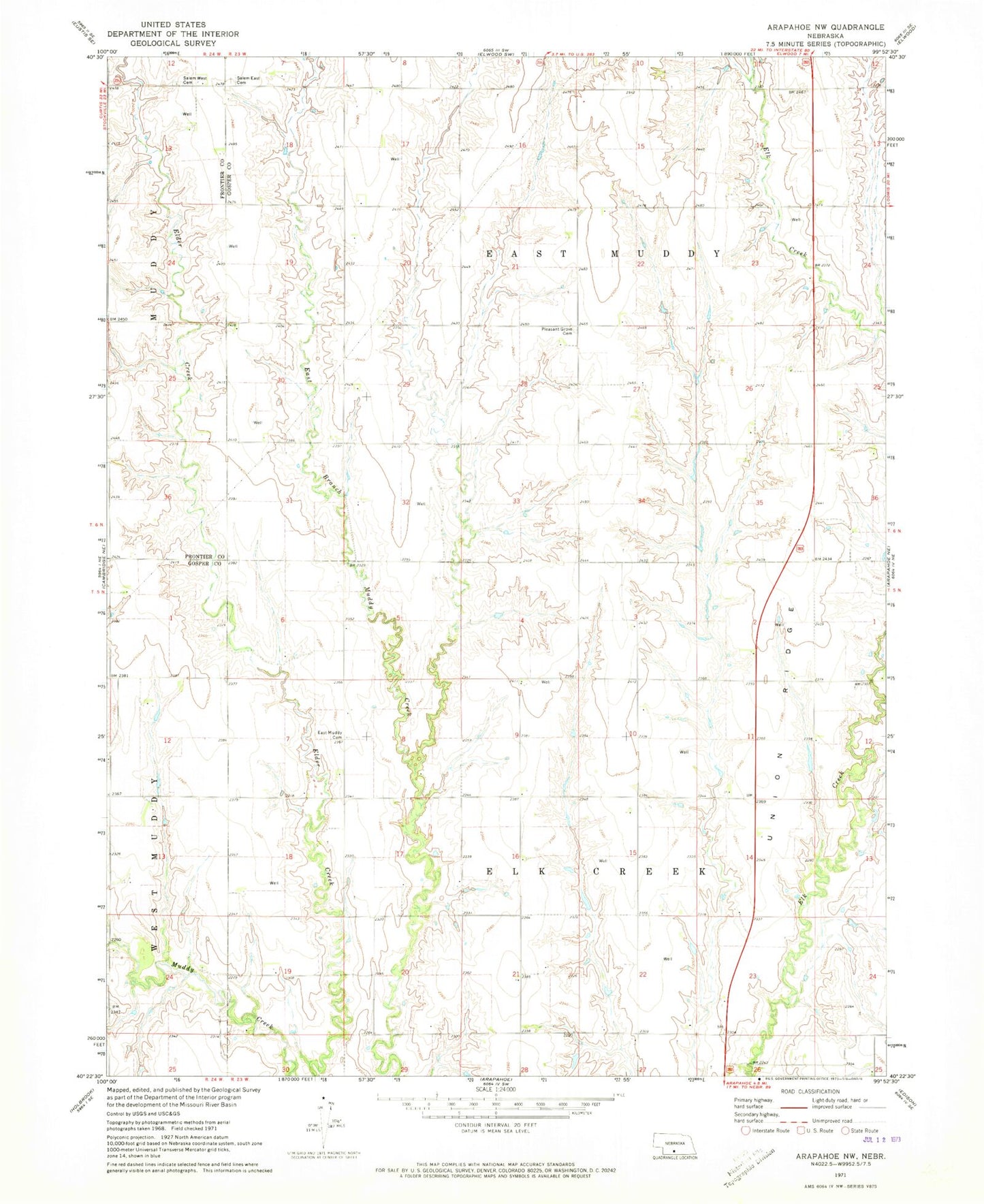 Classic USGS Arapahoe NW Nebraska 7.5'x7.5' Topo Map Image