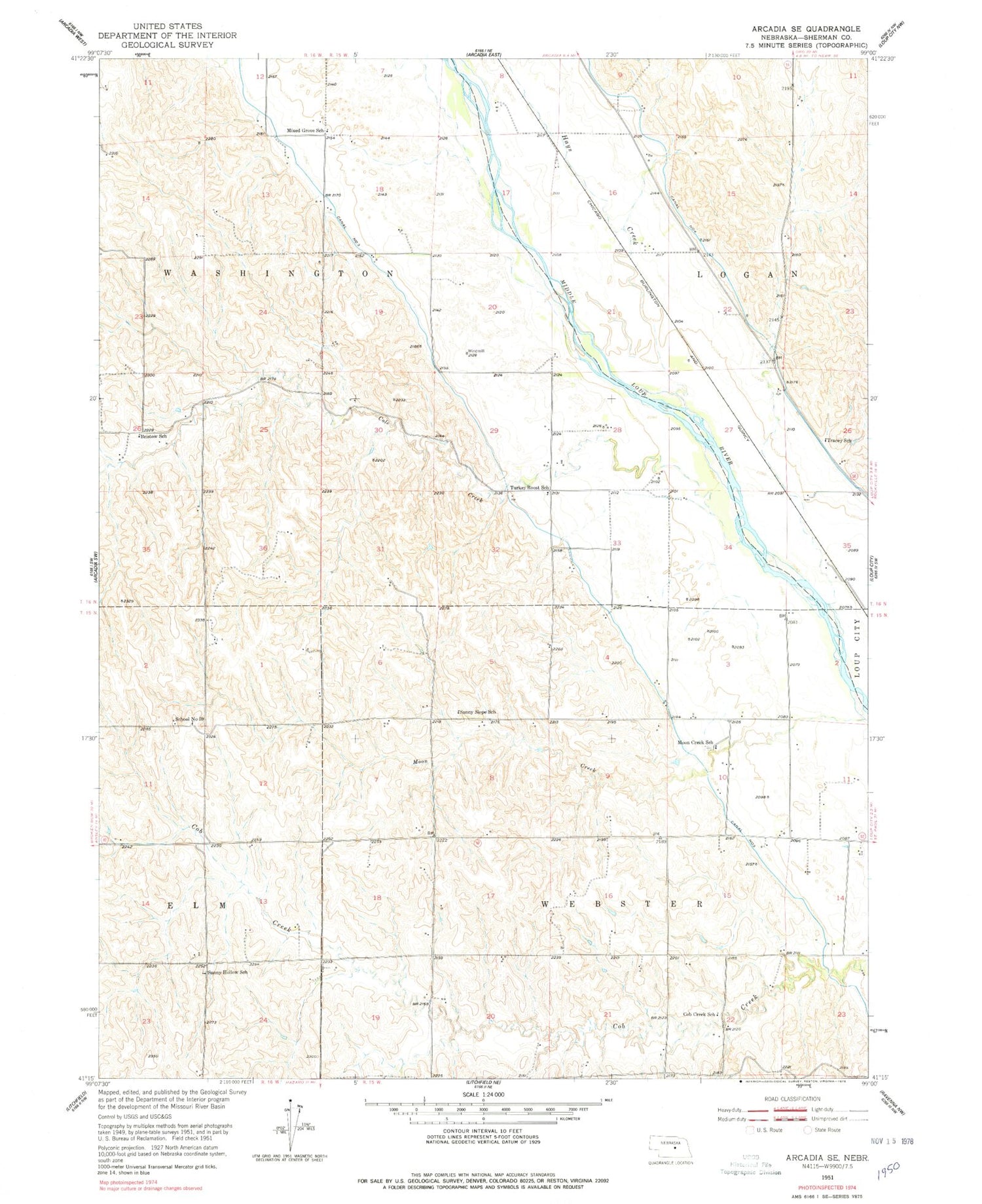 Classic USGS Arcadia SE Nebraska 7.5'x7.5' Topo Map Image