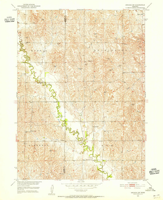 Classic USGS Arcadia SW Nebraska 7.5'x7.5' Topo Map Image