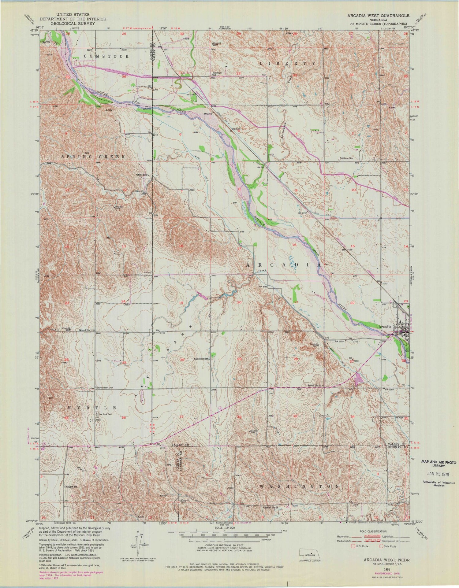 Classic USGS Arcadia West Nebraska 7.5'x7.5' Topo Map Image