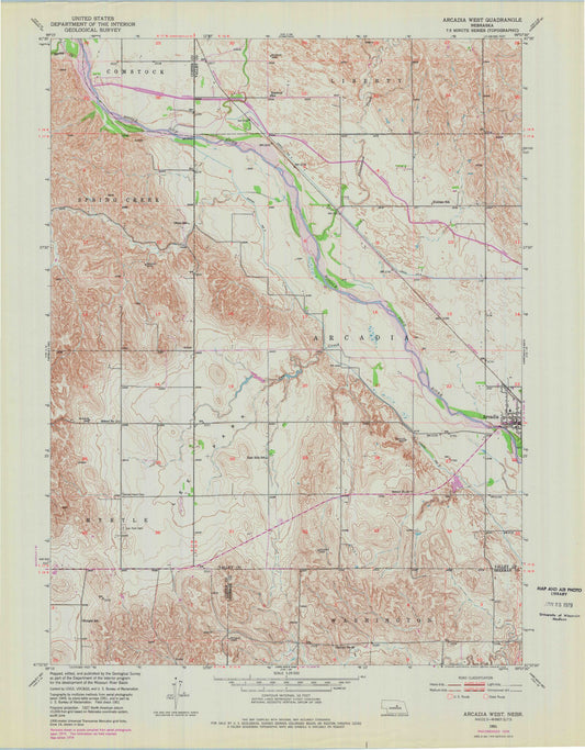 Classic USGS Arcadia West Nebraska 7.5'x7.5' Topo Map Image