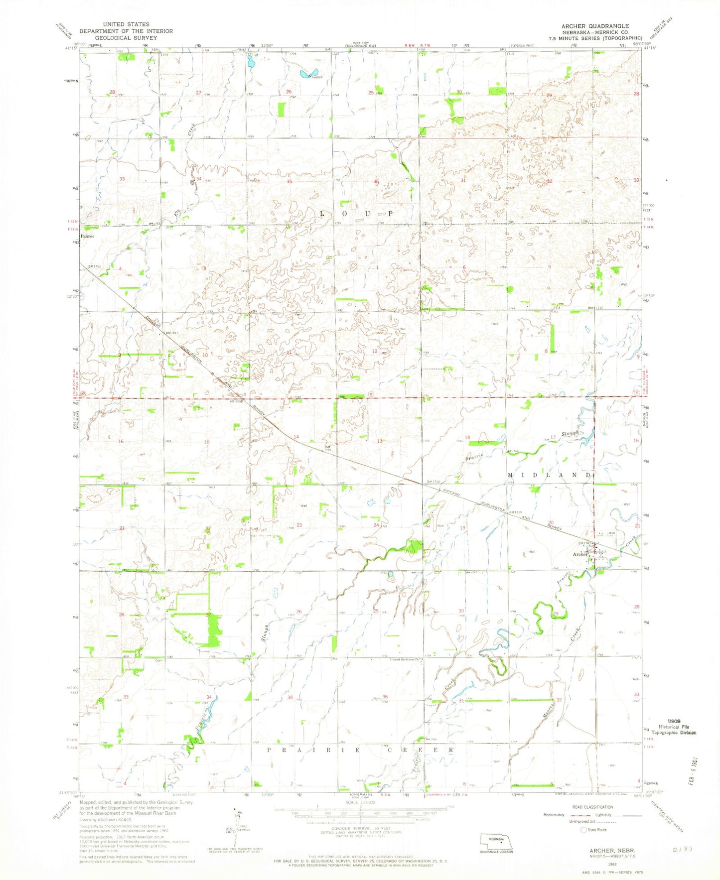 Classic USGS Archer Nebraska 7.5'x7.5' Topo Map Image