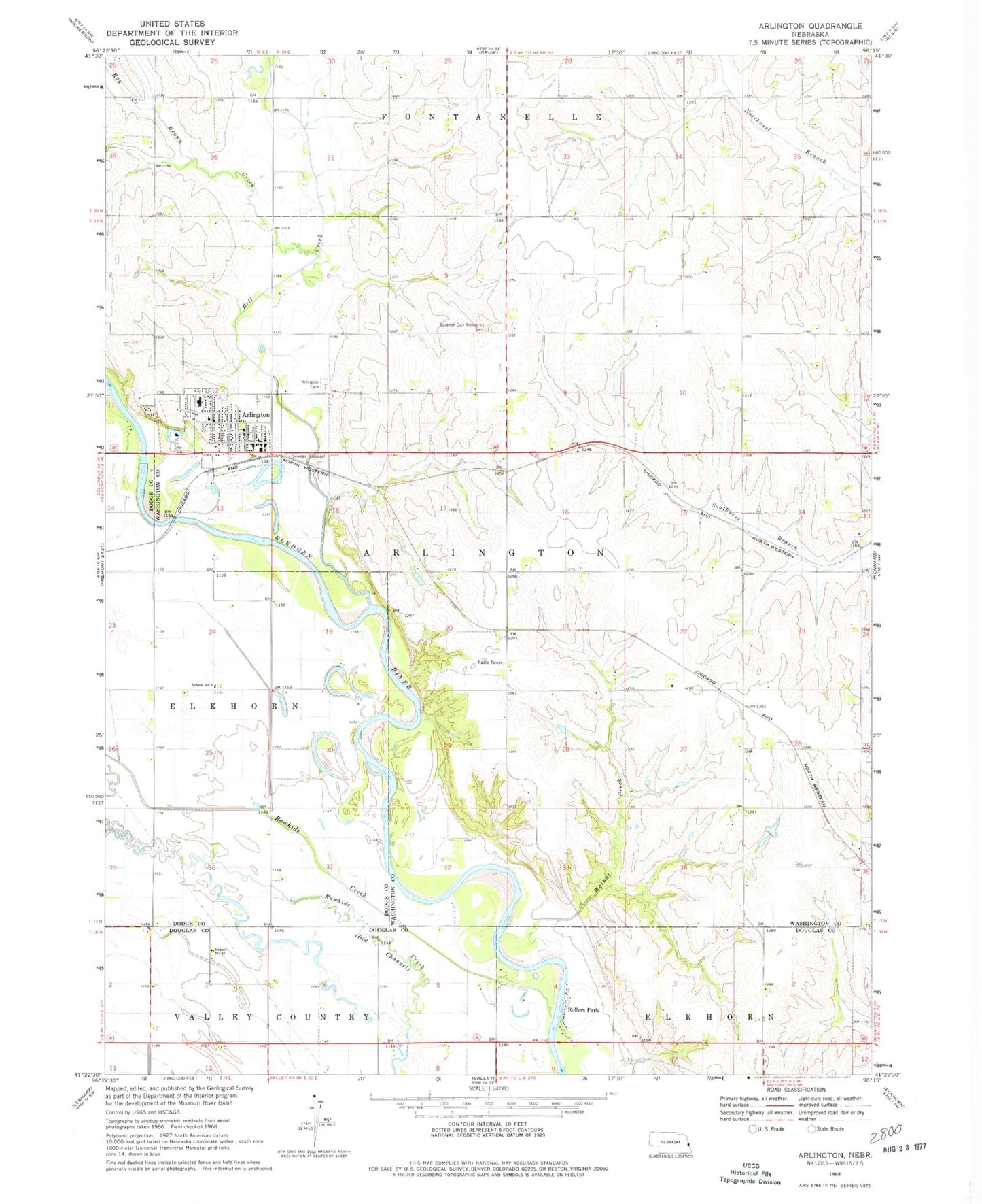 Classic USGS Arlington Nebraska 7.5'x7.5' Topo Map Image