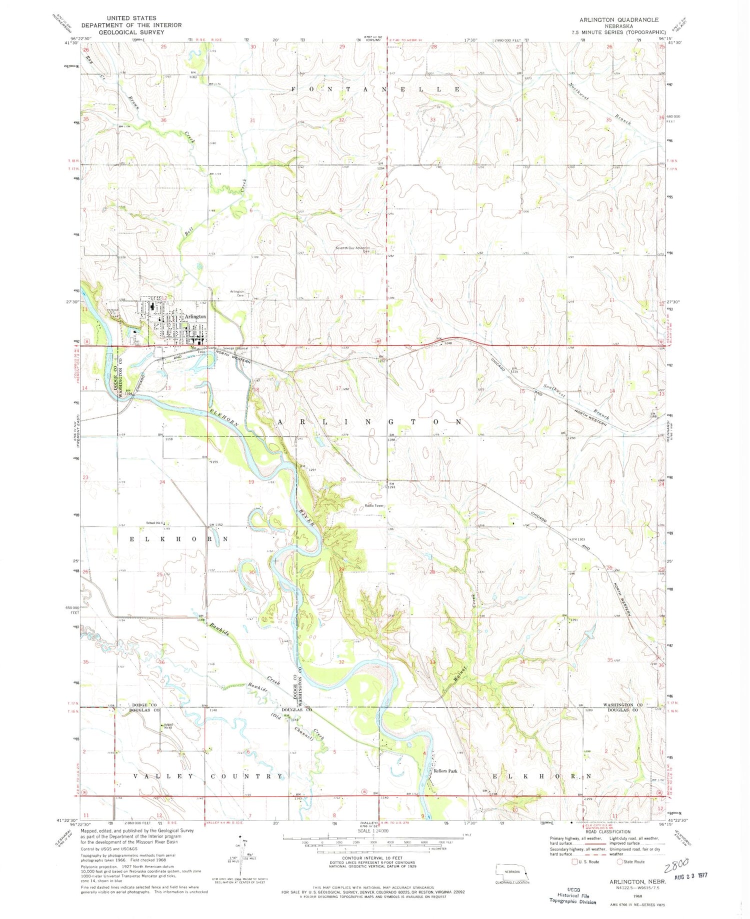 Classic USGS Arlington Nebraska 7.5'x7.5' Topo Map Image