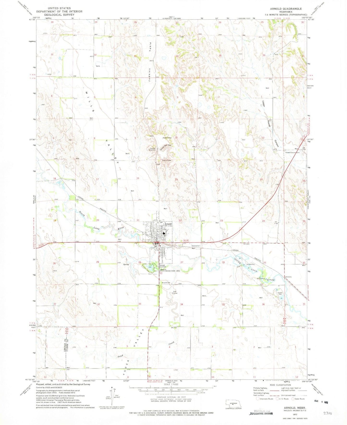 Classic USGS Arnold Nebraska 7.5'x7.5' Topo Map Image