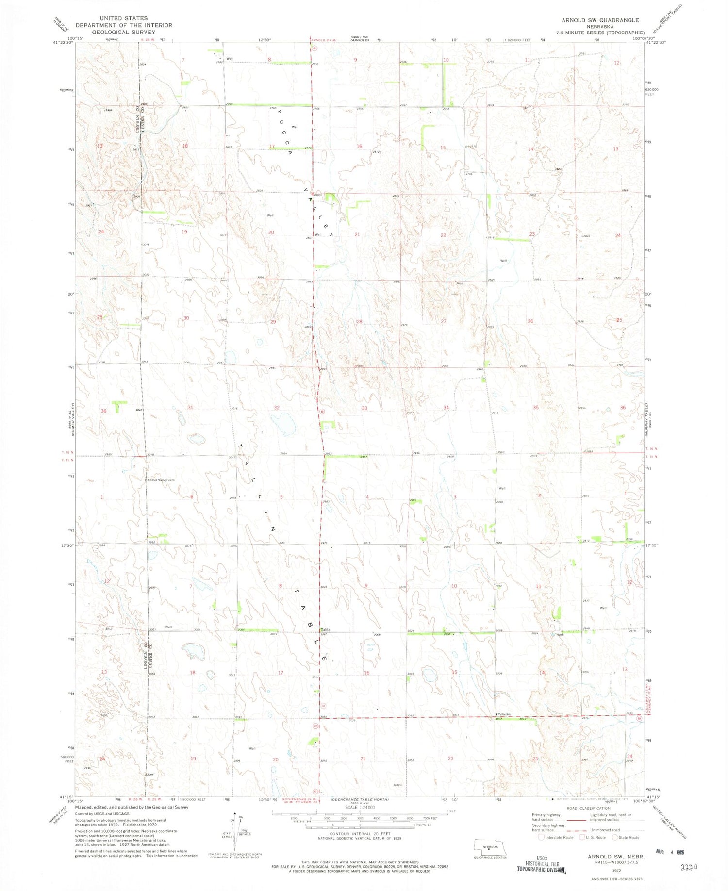 Classic USGS Arnold SW Nebraska 7.5'x7.5' Topo Map Image