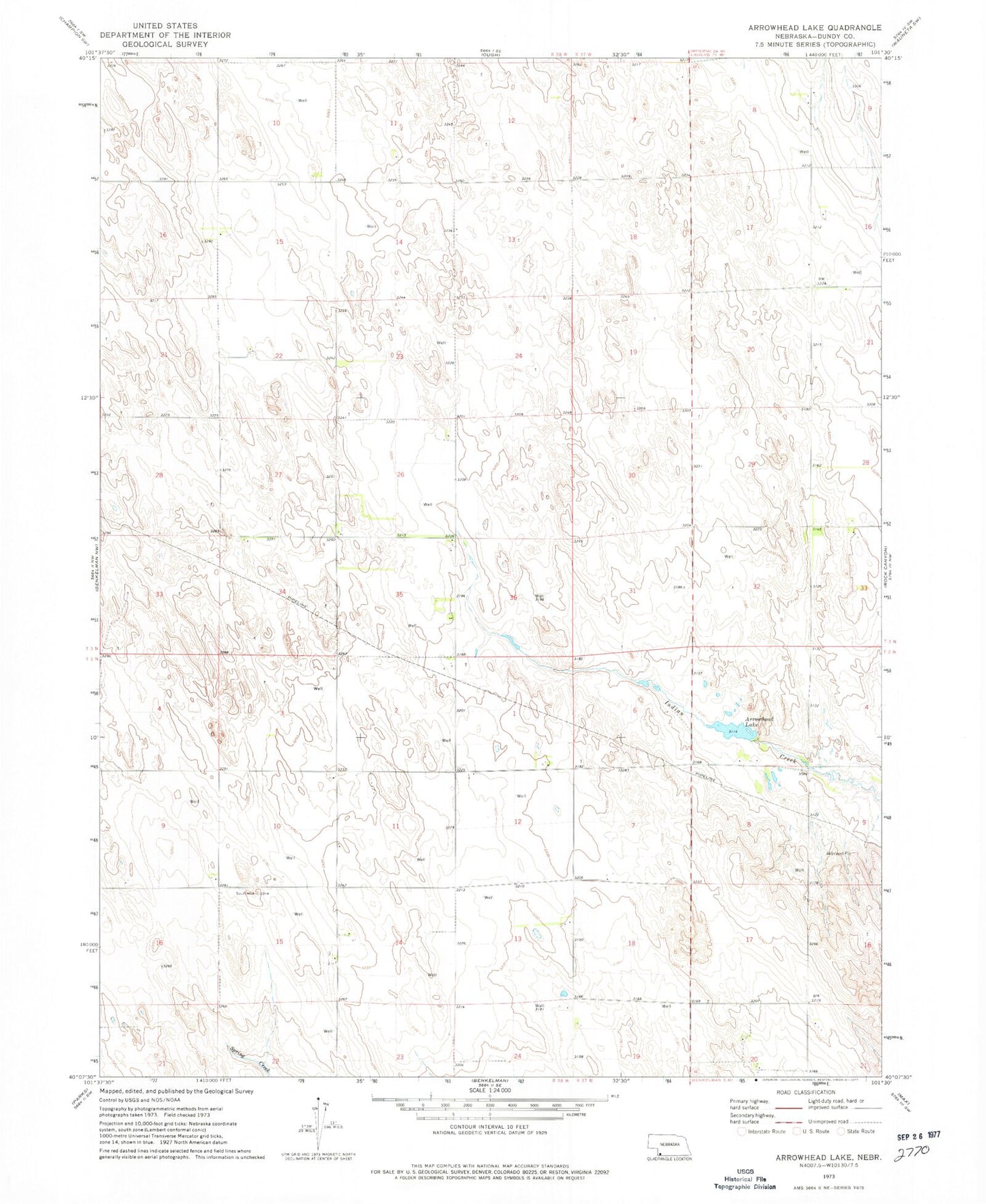 Classic USGS Arrowhead Lake Nebraska 7.5'x7.5' Topo Map Image
