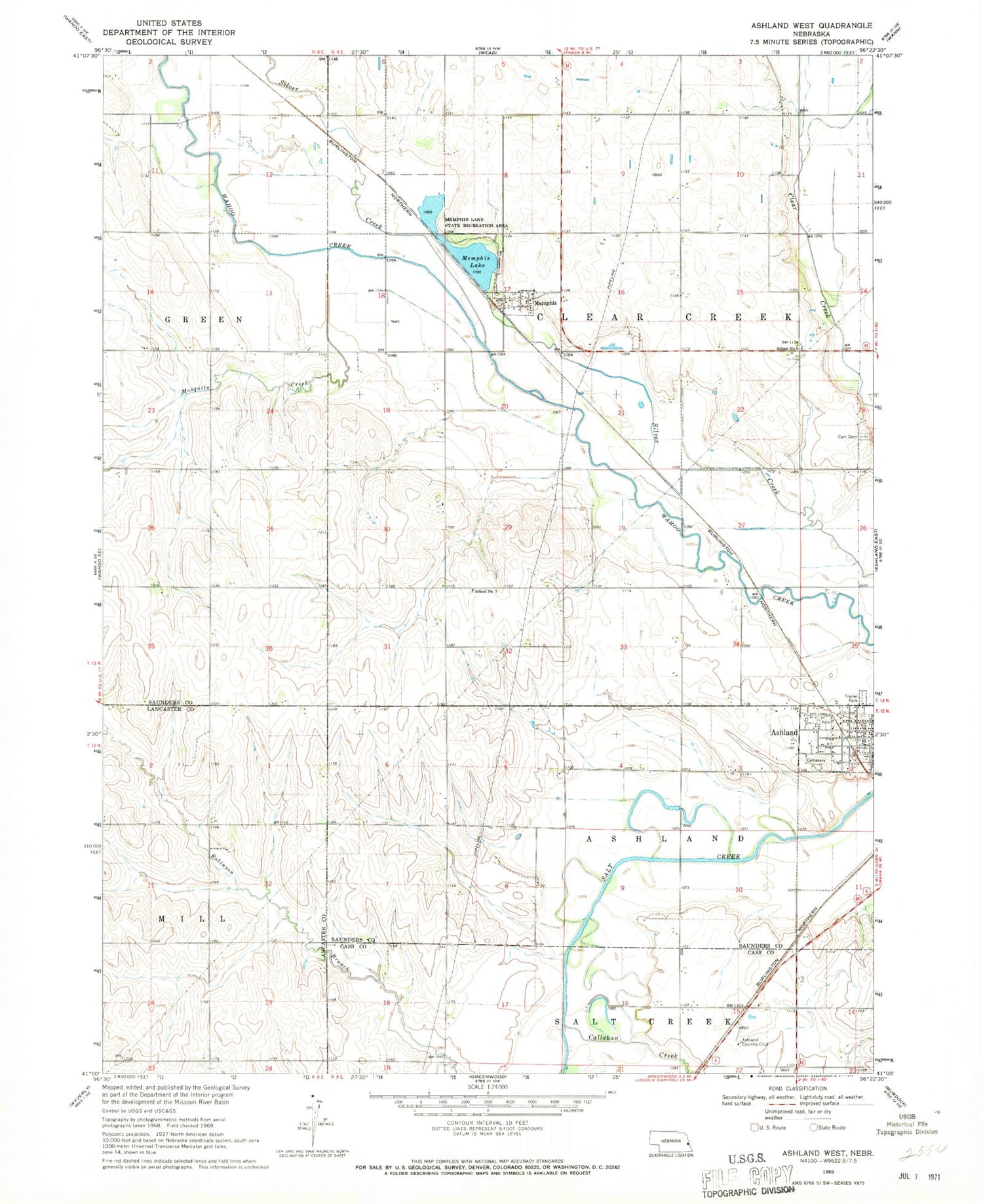 Classic USGS Ashland West Nebraska 7.5'x7.5' Topo Map Image