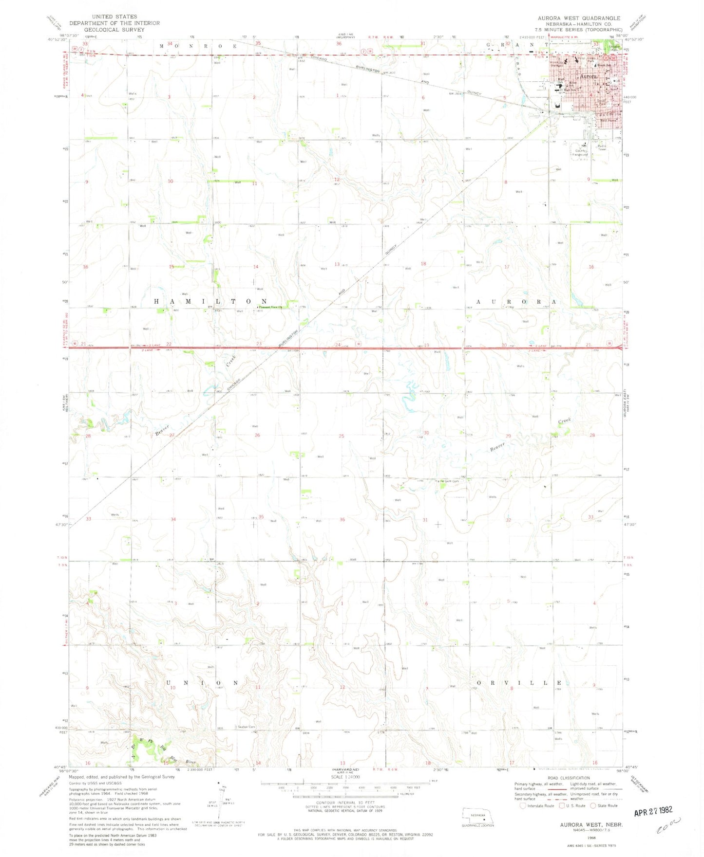 Classic USGS Aurora West Nebraska 7.5'x7.5' Topo Map Image