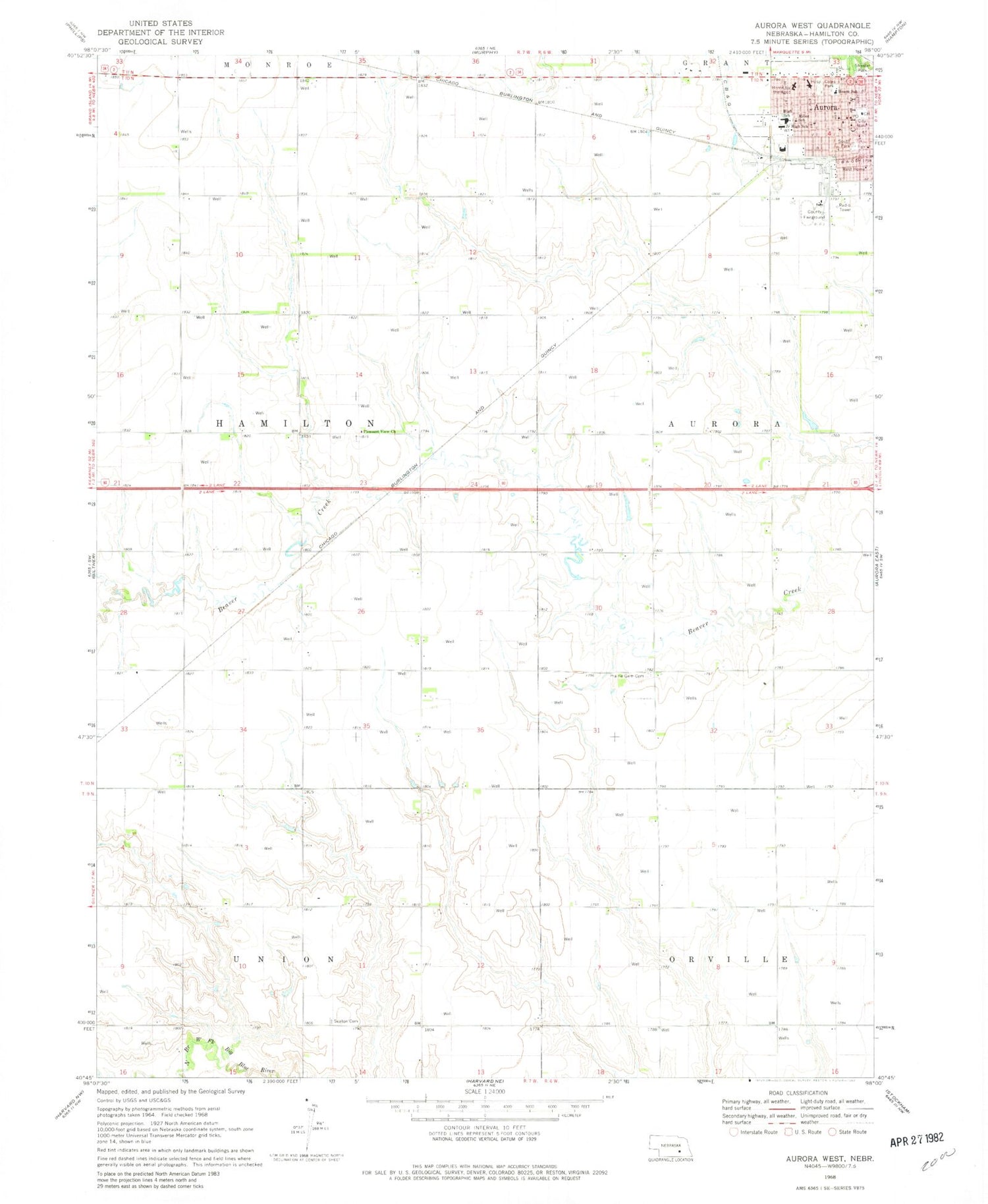 Classic USGS Aurora West Nebraska 7.5'x7.5' Topo Map Image