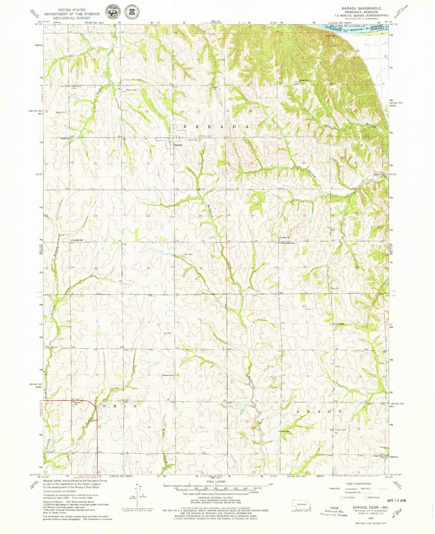 Classic USGS Barada Nebraska 7.5'x7.5' Topo Map Image