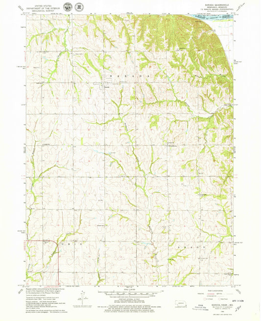 Classic USGS Barada Nebraska 7.5'x7.5' Topo Map Image